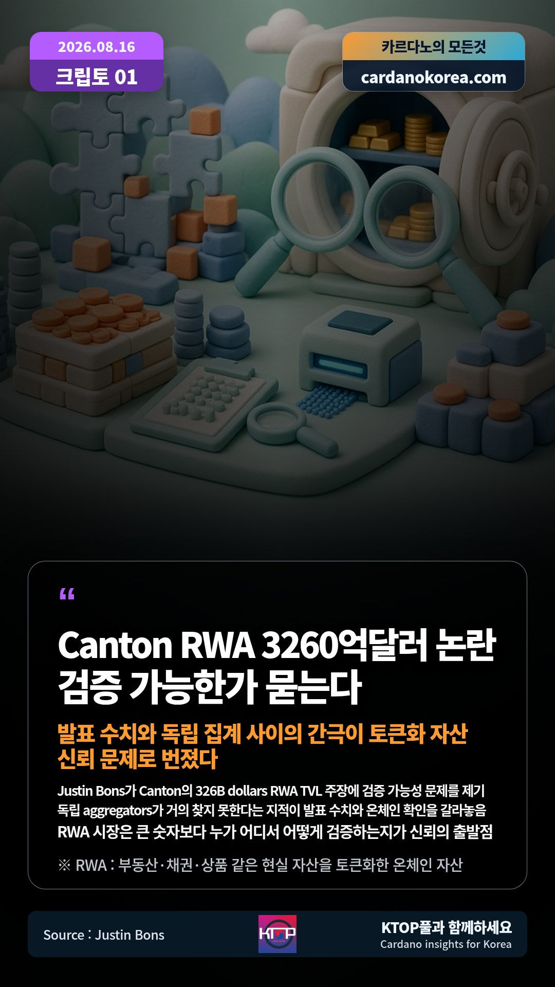 Justin Bons가 Canton의 326B dollars RWA TVL 주장에 검증 가능성 문제를 제기 — 독립 aggregators가 거의 찾지 못한다는 지적이 발표 수치와 온체인 확인을 갈라놓음