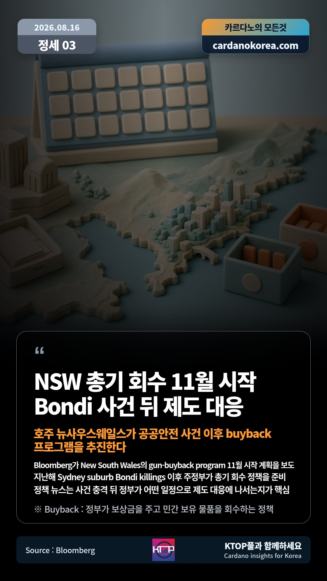 Bloomberg가 New South Wales의 gun-buyback program 11월 시작 계획을 보도 — 지난해 Sydney suburb Bondi killings 이후 주정부가 총기 회수 정책을 준비
