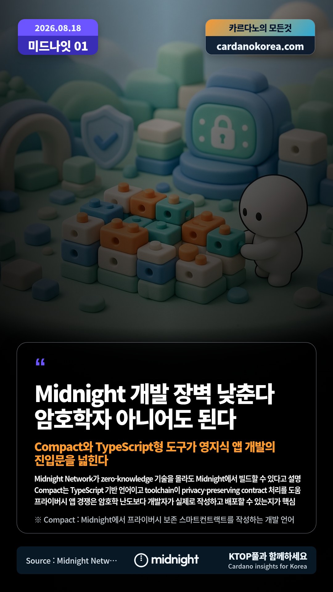 Midnight Network가 zero-knowledge 기술을 몰라도 Midnight에서 빌드할 수 있다고 설명 — Compact는 TypeScript 기반 언어이고 toolchain이 privacy-preserving contract 처리를 도움