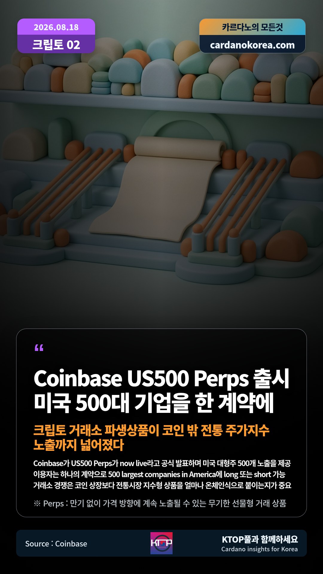 Coinbase가 US500 Perps가 now live라고 공식 발표하며 미국 대형주 500개 노출을 제공 — 이용자는 하나의 계약으로 500 largest companies in America에 long 또는 short 가능