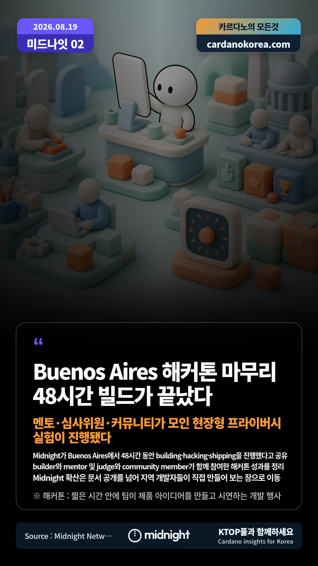 Midnight가 Buenos Aires에서 48시간 동안 building·hacking·shipping을 진행했다고 공유 — builder와 mentor 및 judge와 community member가 함께 참여한 해커톤 성과를 정리