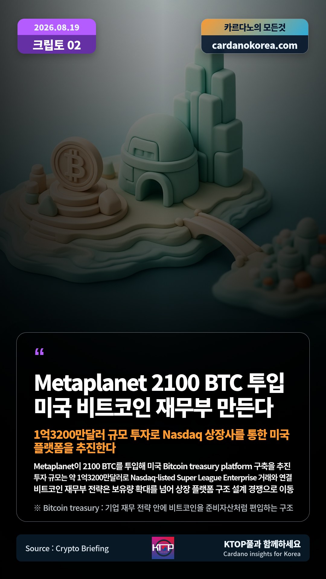 Metaplanet이 2100 BTC를 투입해 미국 Bitcoin treasury platform 구축을 추진 — 투자 규모는 약 1억3200만달러로 Nasdaq-listed Super League Enterprise 거래와 연결