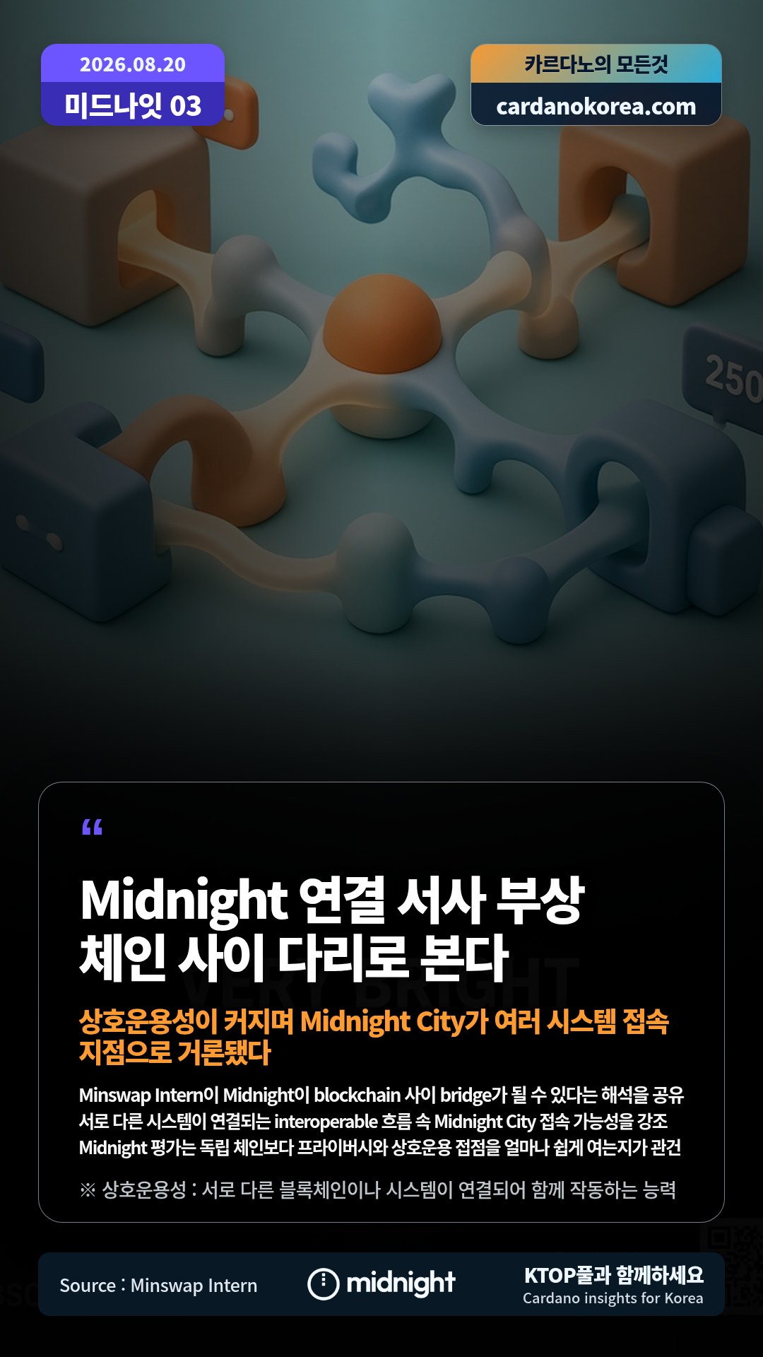 Minswap Intern이 Midnight이 blockchain 사이 bridge가 될 수 있다는 해석을 공유 — 서로 다른 시스템이 연결되는 interoperable 흐름 속 Midnight City 접속 가능성을 강조