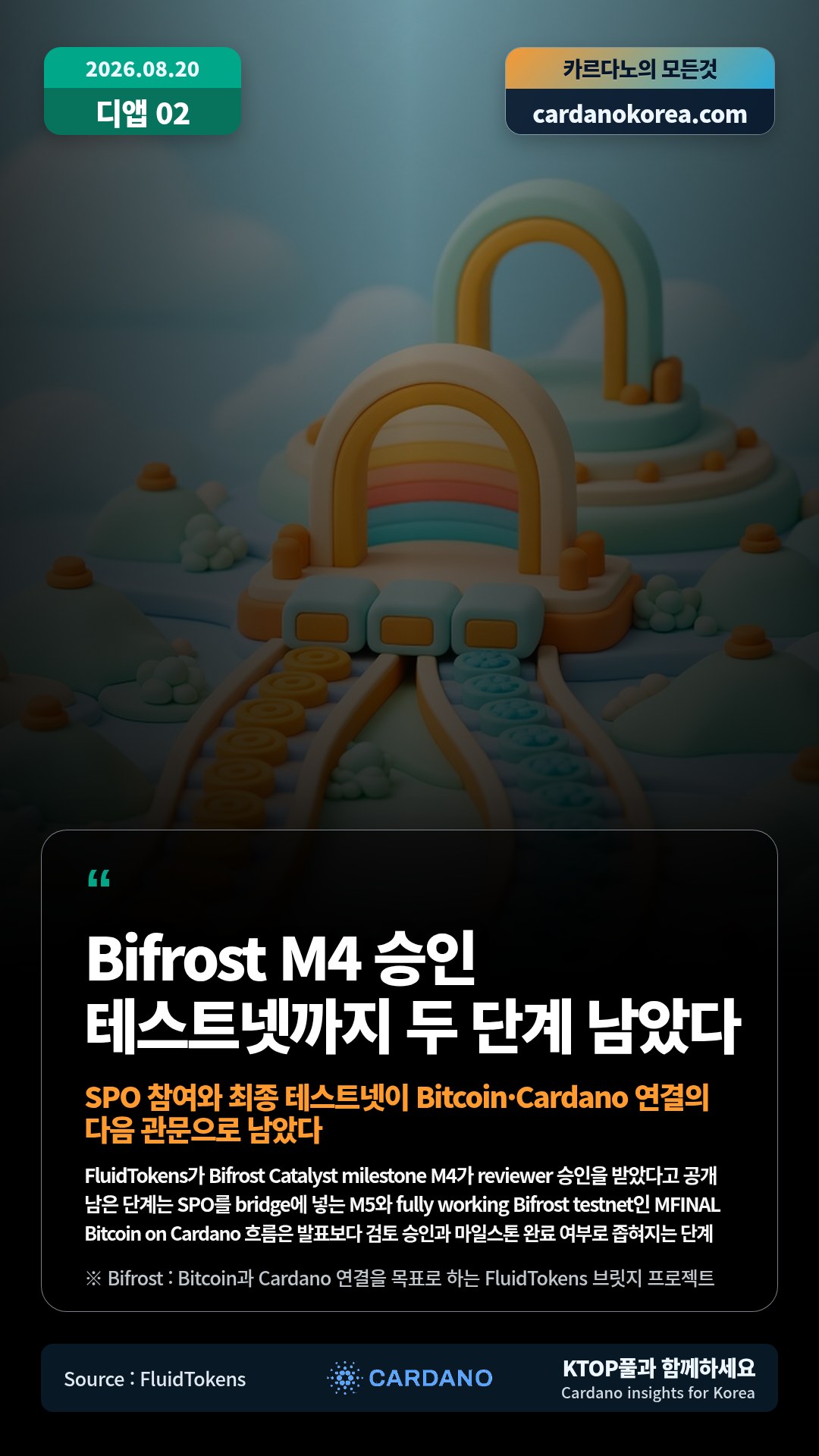 FluidTokens가 Bifrost Catalyst milestone M4가 reviewer 승인을 받았다고 공개 — 남은 단계는 SPO를 bridge에 넣는 M5와 fully working Bifrost testnet인 MFINAL