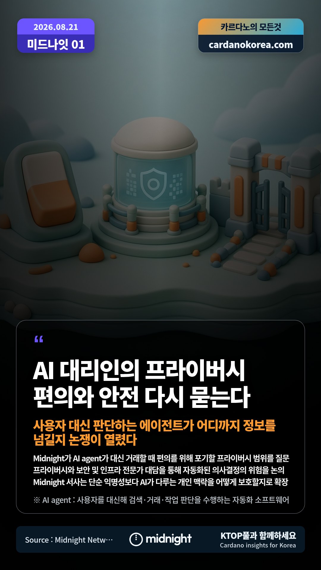 Midnight가 AI agent가 대신 거래할 때 편의를 위해 포기할 프라이버시 범위를 질문 — 프라이버시와 보안 및 인프라 전문가 대담을 통해 자동화된 의사결정의 위험을 논의