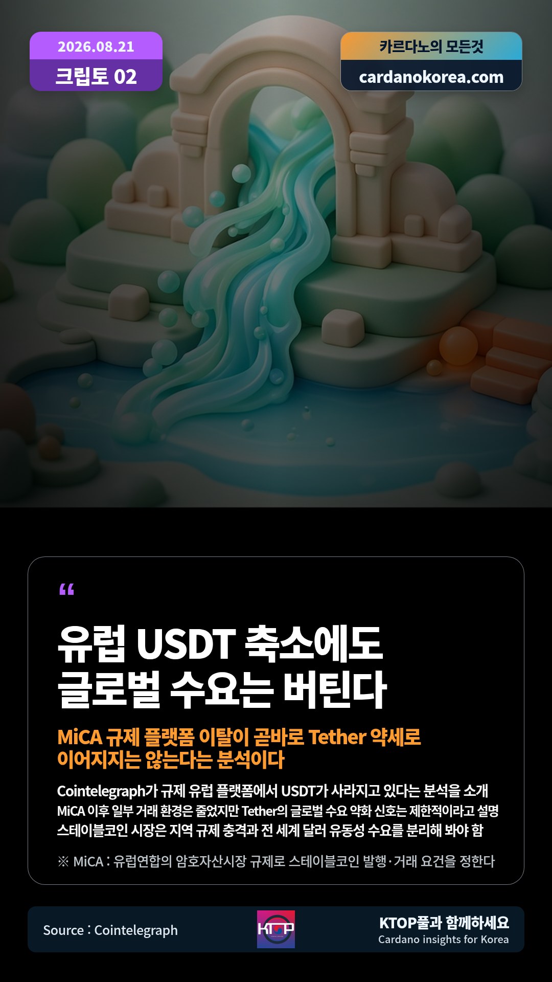 Cointelegraph가 규제 유럽 플랫폼에서 USDT가 사라지고 있다는 분석을 소개 — MiCA 이후 일부 거래 환경은 줄었지만 Tether의 글로벌 수요 약화 신호는 제한적이라고 설명