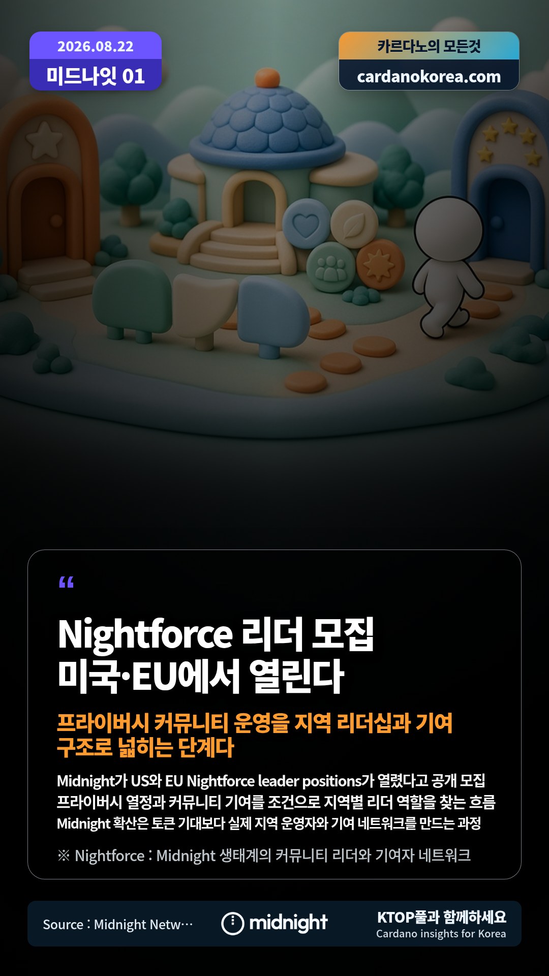 Midnight가 US와 EU Nightforce leader positions가 열렸다고 공개 모집 — 프라이버시 열정과 커뮤니티 기여를 조건으로 지역별 리더 역할을 찾는 흐름