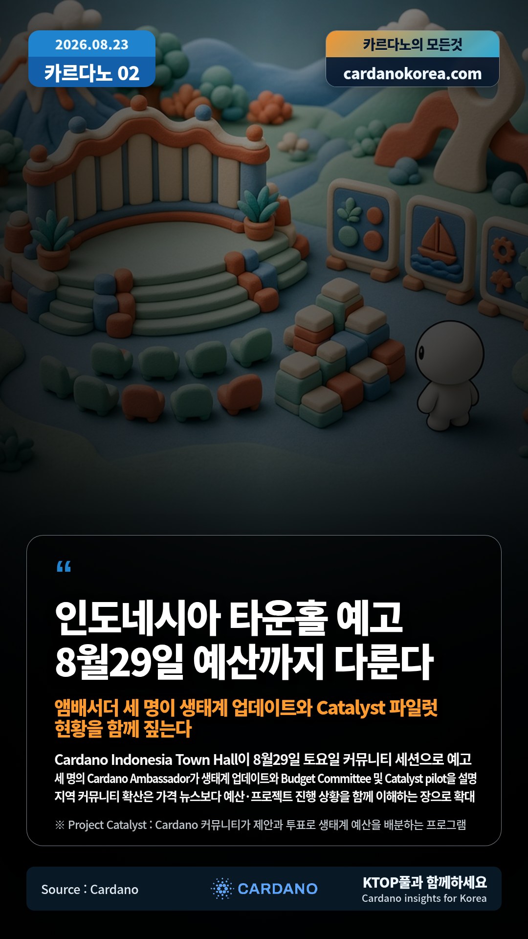 Cardano Indonesia Town Hall이 8월29일 토요일 커뮤니티 세션으로 예고 — 세 명의 Cardano Ambassador가 생태계 업데이트와 Budget Committee 및 Catalyst pilot을 설명