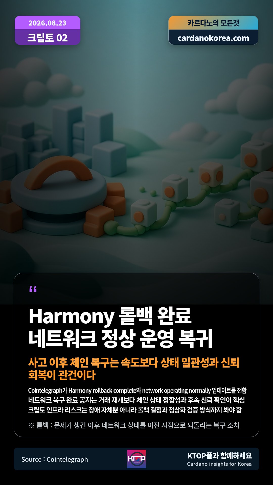 Cointelegraph가 Harmony rollback complete와 network operating normally 업데이트를 전함 — 네트워크 복구 완료 공지는 거래 재개보다 체인 상태 정합성과 후속 신뢰 확인이 핵심