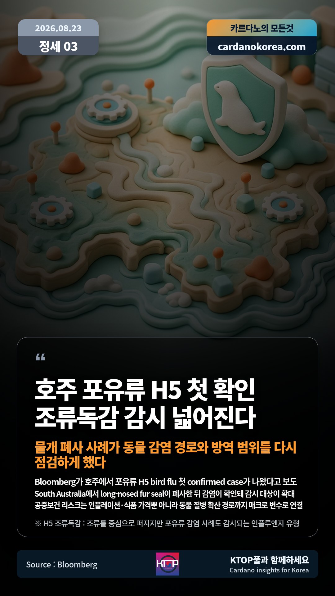 Bloomberg가 호주에서 포유류 H5 bird flu 첫 confirmed case가 나왔다고 보도 — South Australia에서 long-nosed fur seal이 폐사한 뒤 감염이 확인돼 감시 대상이 확대