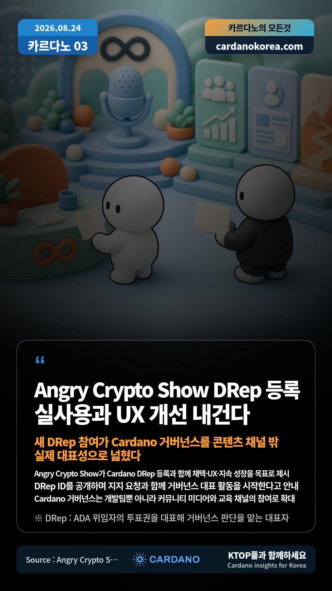 Angry Crypto Show가 Cardano DRep 등록과 함께 채택·UX·지속 성장을 목표로 제시 — DRep ID를 공개하며 지지 요청과 함께 거버넌스 대표 활동을 시작한다고 안내