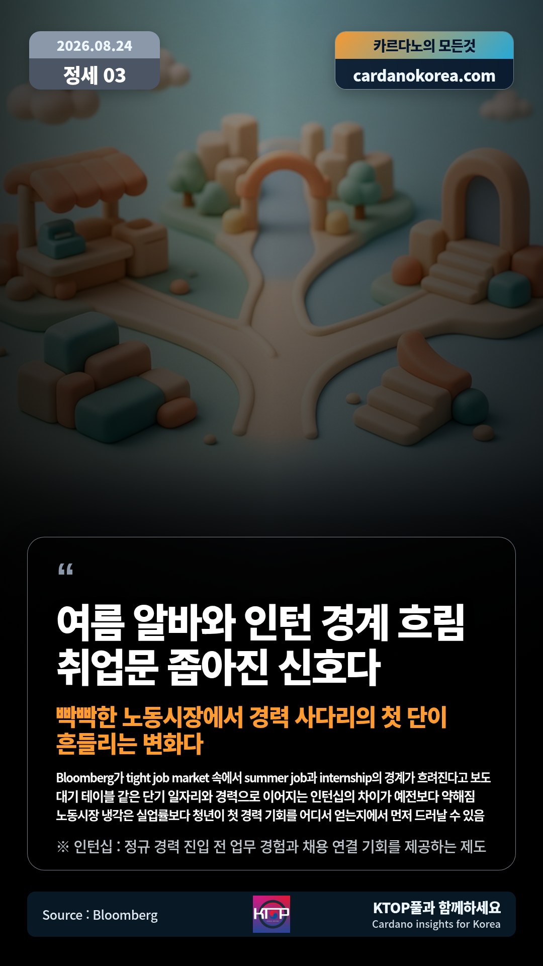 Bloomberg가 tight job market 속에서 summer job과 internship의 경계가 흐려진다고 보도 — 대기 테이블 같은 단기 일자리와 경력으로 이어지는 인턴십의 차이가 예전보다 약해짐