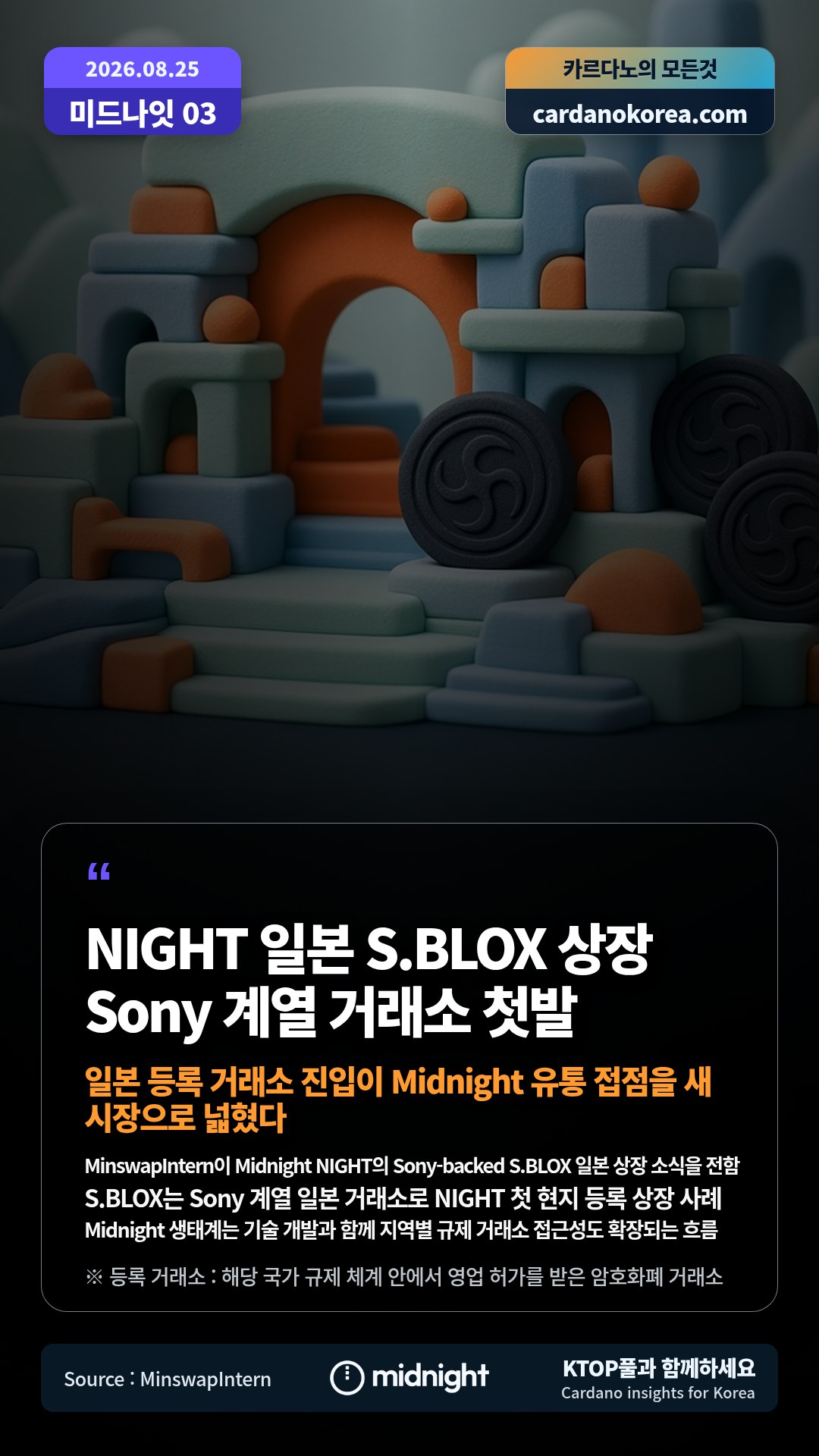 MinswapIntern이 Midnight NIGHT의 Sony-backed S.BLOX 일본 상장 소식을 전함 — S.BLOX는 Sony 계열 일본 거래소로 NIGHT 첫 현지 등록 상장 사례