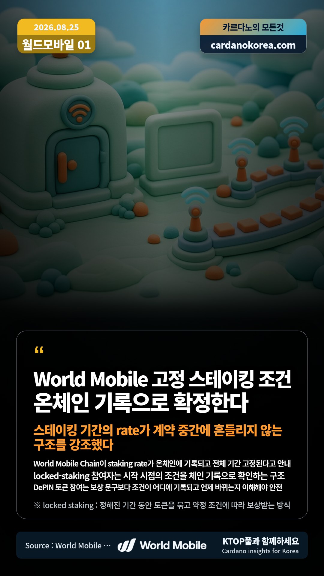 World Mobile Chain이 staking rate가 온체인에 기록되고 전체 기간 고정된다고 안내 — locked-staking 참여자는 시작 시점의 조건을 체인 기록으로 확인하는 구조