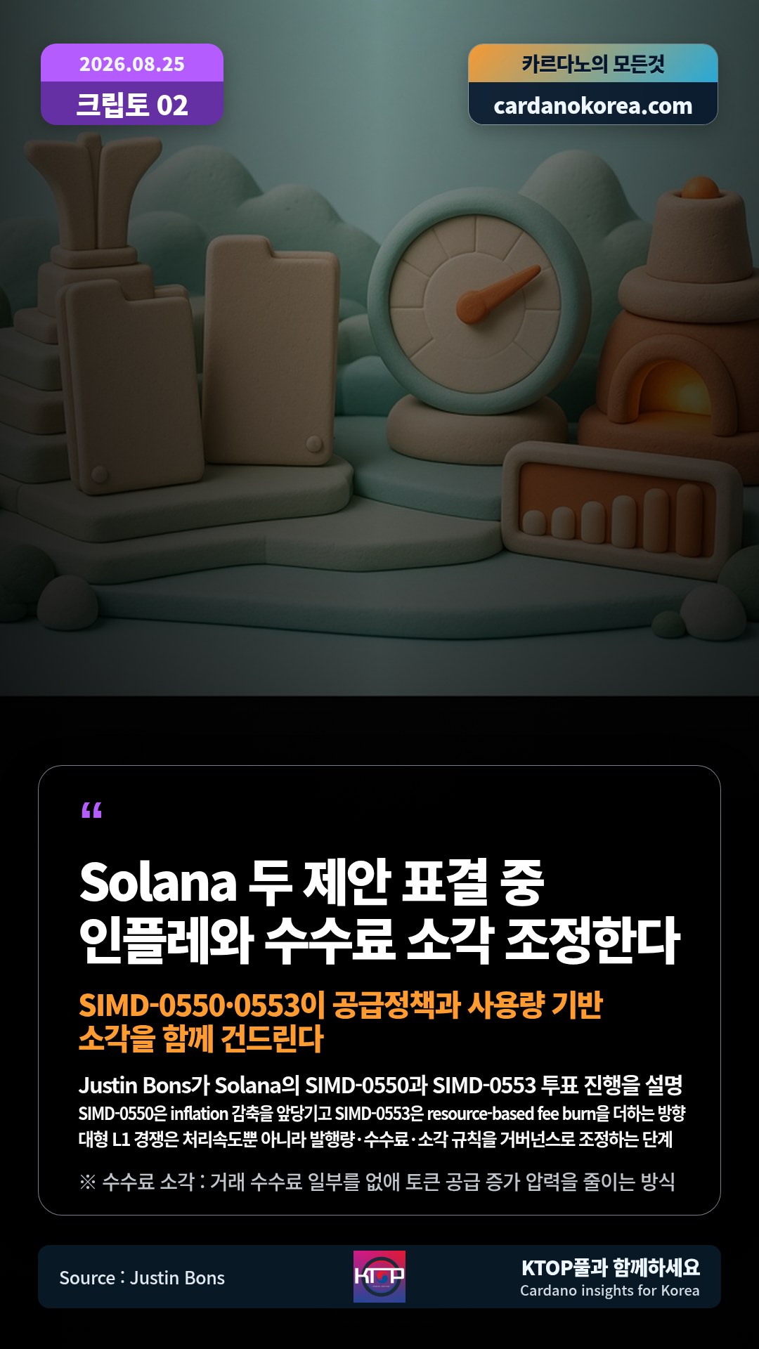 Justin Bons가 Solana의 SIMD-0550과 SIMD-0553 투표 진행을 설명 — SIMD-0550은 inflation 감축을 앞당기고 SIMD-0553은 resource-based fee burn을 더하는 방향