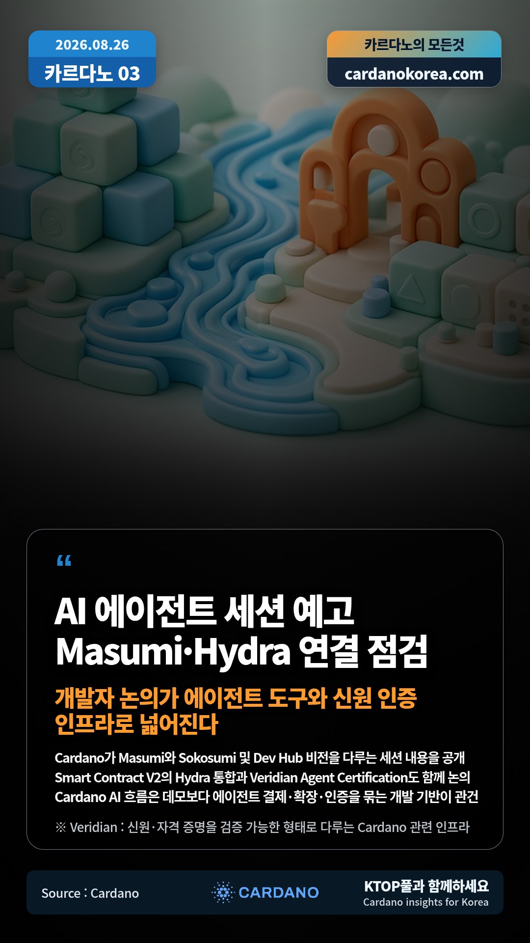 Cardano가 Masumi와 Sokosumi 및 Dev Hub 비전을 다루는 세션 내용을 공개 — Smart Contract V2의 Hydra 통합과 Veridian Agent Certification도 함께 논의