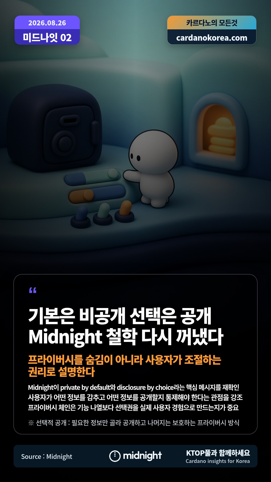 Midnight이 private by default와 disclosure by choice라는 핵심 메시지를 재확인 — 사용자가 어떤 정보를 감추고 어떤 정보를 공개할지 통제해야 한다는 관점을 강조