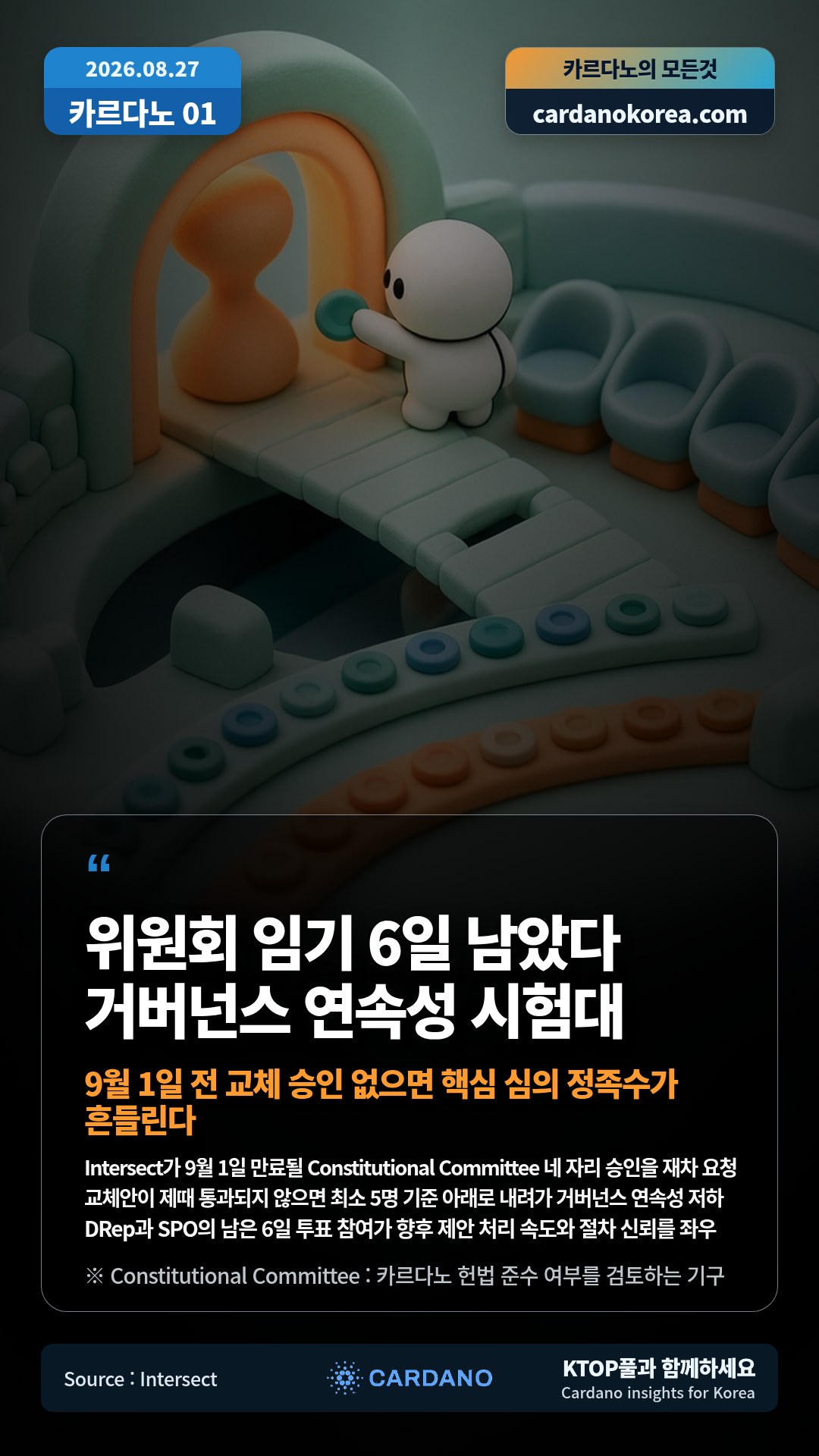 Intersect가 9월 1일 만료될 Constitutional Committee 네 자리 승인을 재차 요청 — 교체안이 제때 통과되지 않으면 최소 5명 기준 아래로 내려가 거버넌스 연속성 저하