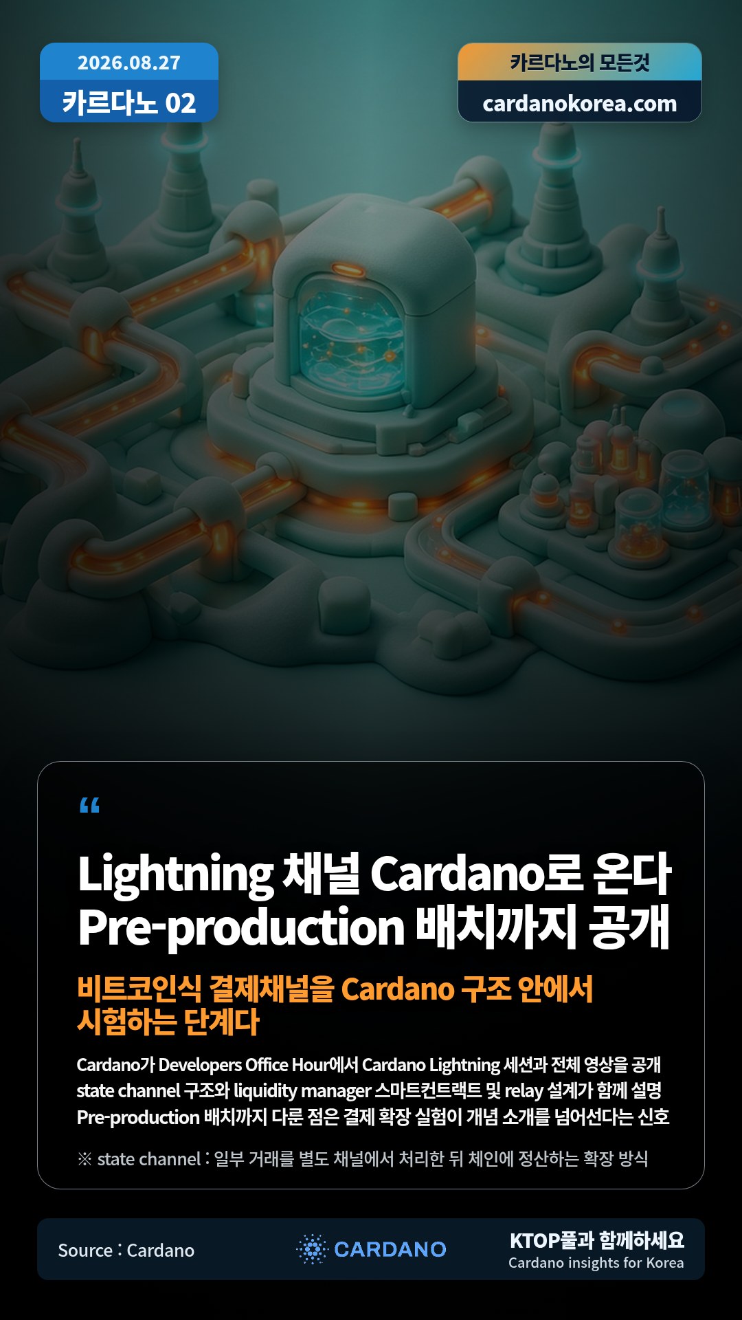 Cardano가 Developers Office Hour에서 Cardano Lightning 세션과 전체 영상을 공개 — state channel 구조와 liquidity manager 스마트컨트랙트 및 relay 설계가 함께 설명