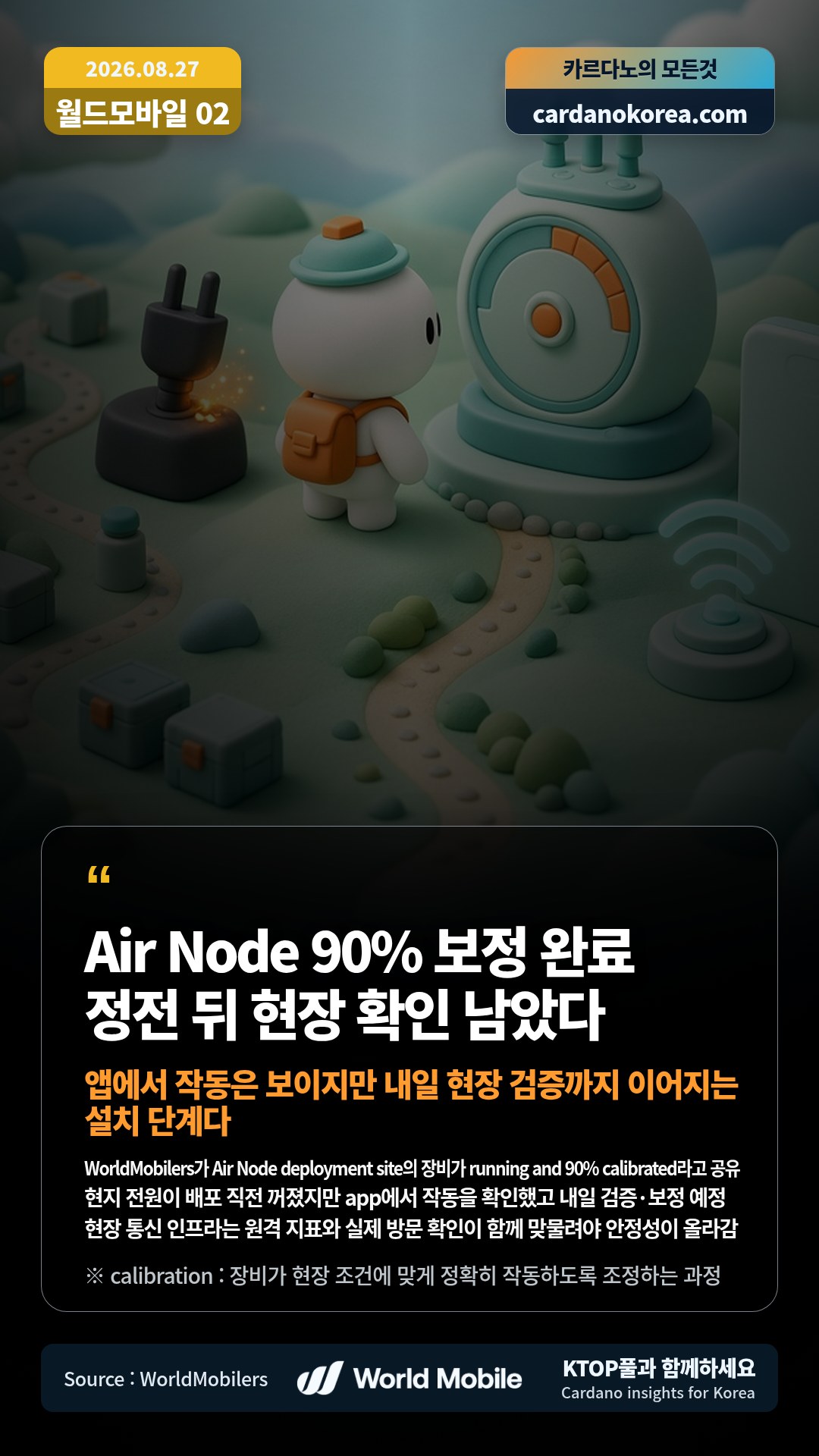 WorldMobilers가 Air Node deployment site의 장비가 running and 90% calibrated라고 공유 — 현지 전원이 배포 직전 꺼졌지만 app에서 작동을 확인했고 내일 검증·보정 예정