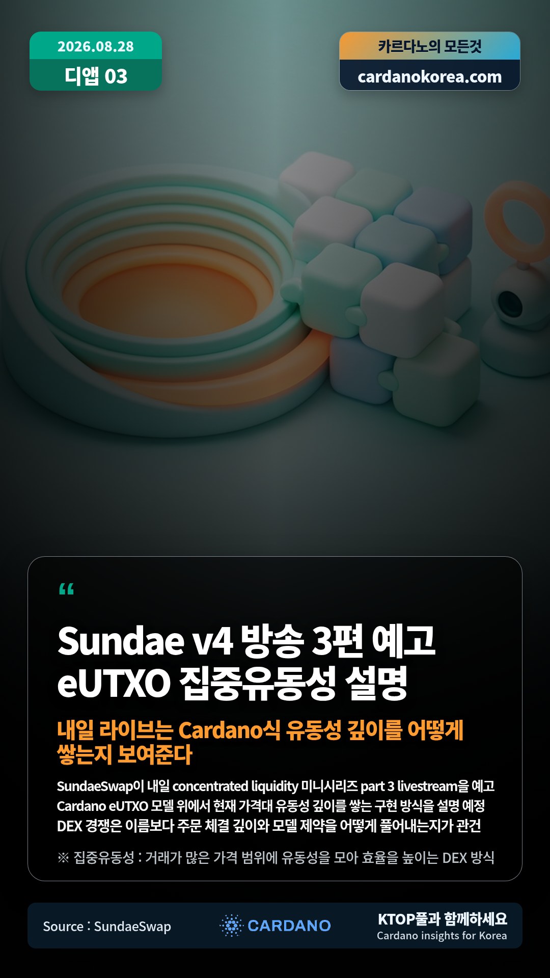 SundaeSwap이 내일 concentrated liquidity 미니시리즈 part 3 livestream을 예고 — Cardano eUTXO 모델 위에서 현재 가격대 유동성 깊이를 쌓는 구현 방식을 설명 예정
