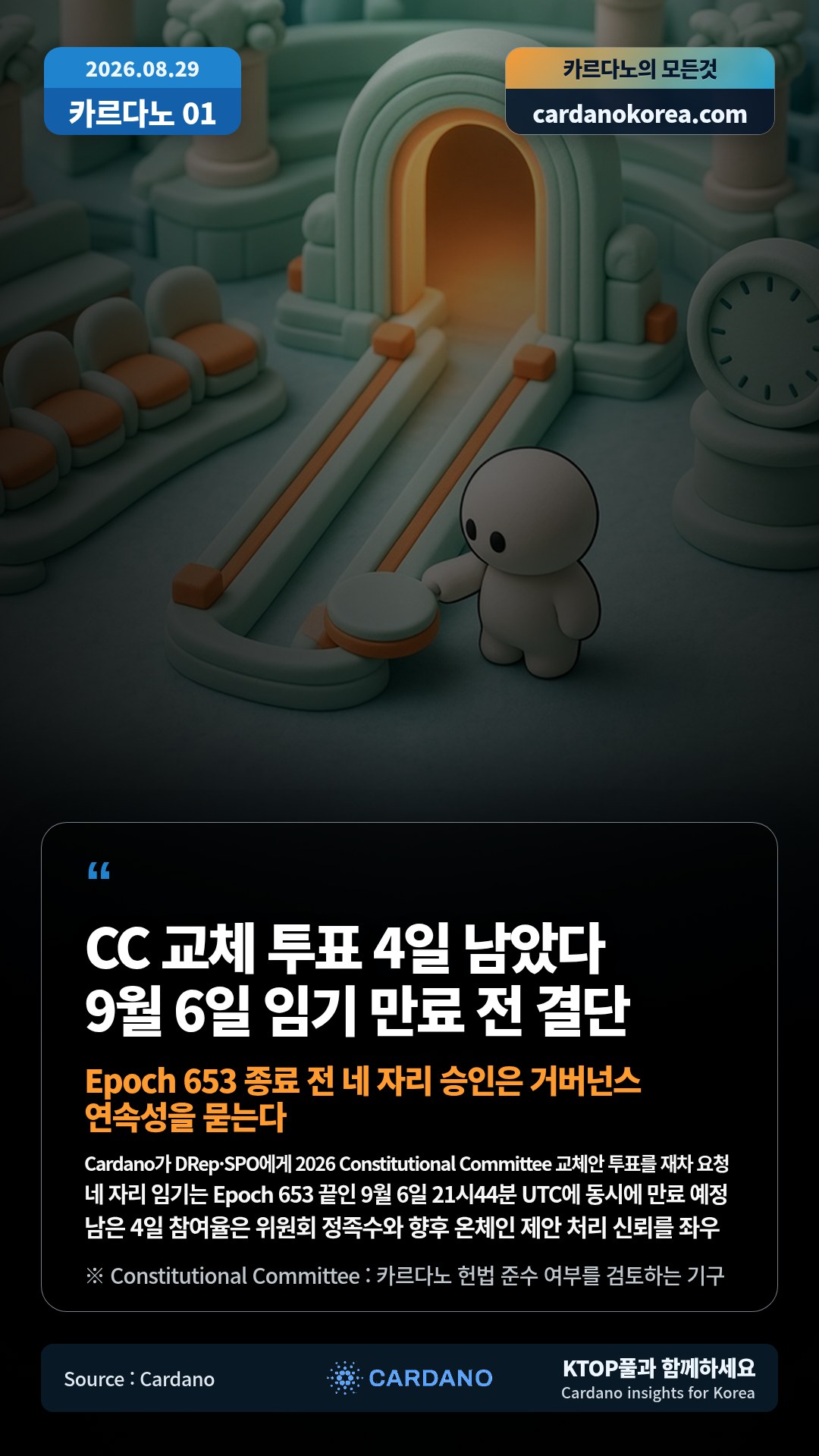 Cardano가 DRep·SPO에게 2026 Constitutional Committee 교체안 투표를 재차 요청 — 네 자리 임기는 Epoch 653 끝인 9월 6일 21시44분 UTC에 동시에 만료 예정