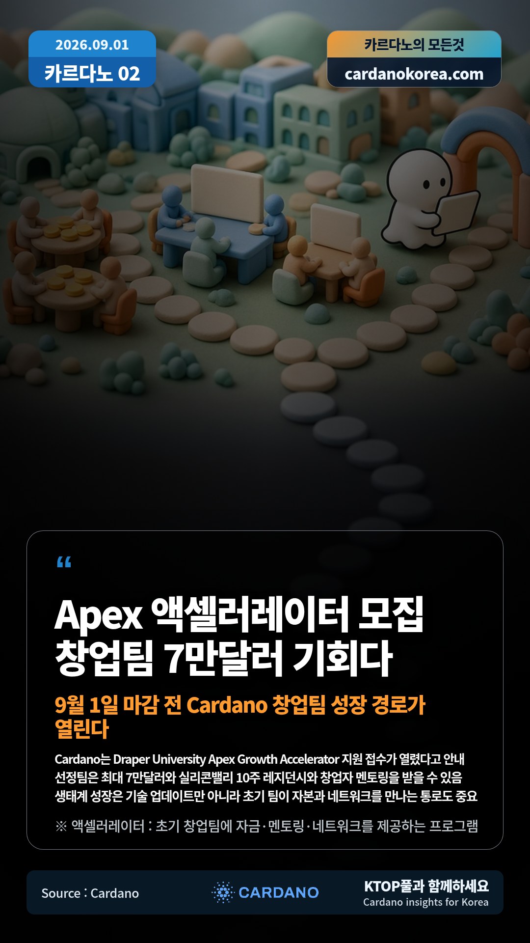 Cardano는 Draper University Apex Growth Accelerator 지원 접수가 열렸다고 안내 — 선정팀은 최대 7만달러와 실리콘밸리 10주 레지던시와 창업자 멘토링을 받을 수 있음