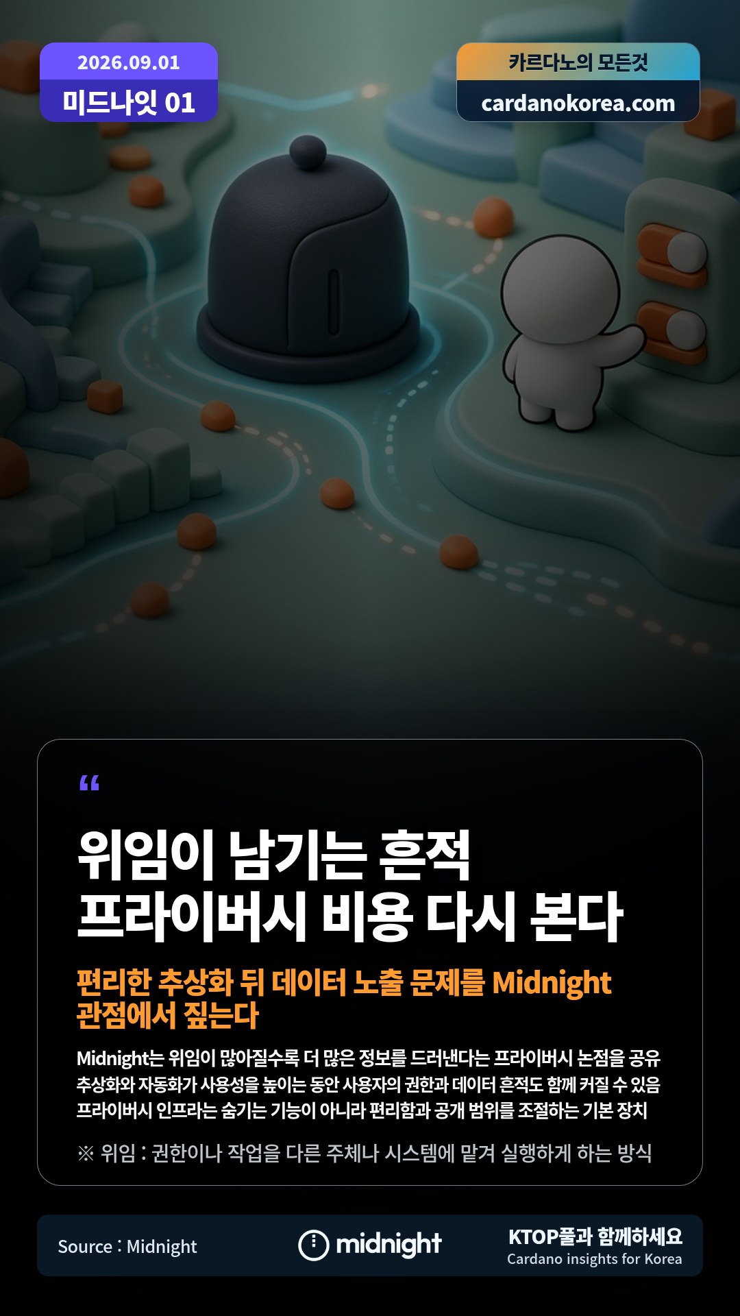 Midnight는 위임이 많아질수록 더 많은 정보를 드러낸다는 프라이버시 논점을 공유 — 추상화와 자동화가 사용성을 높이는 동안 사용자의 권한과 데이터 흔적도 함께 커질 수 있음