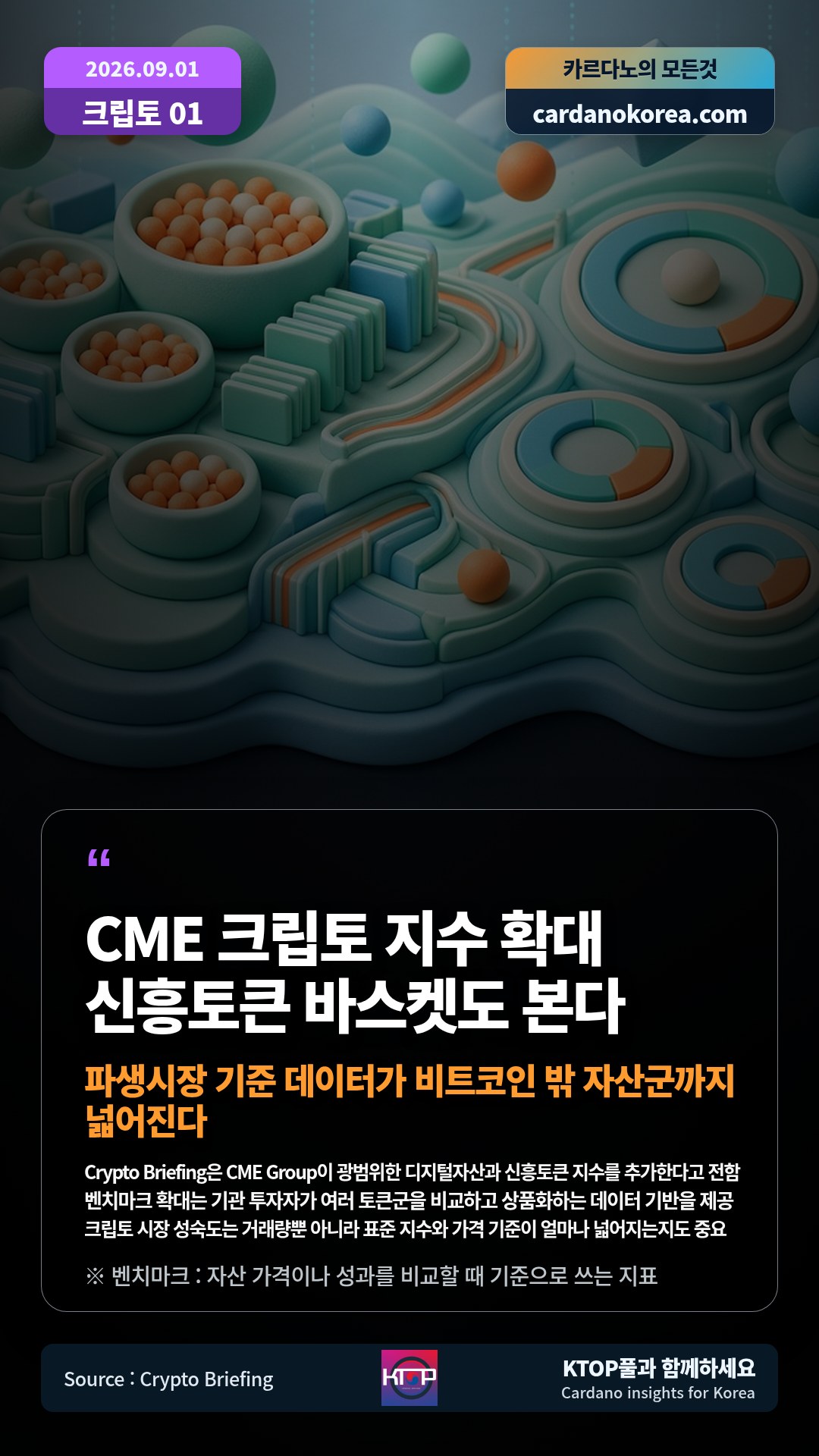Crypto Briefing은 CME Group이 광범위한 디지털자산과 신흥토큰 지수를 추가한다고 전함 — 벤치마크 확대는 기관 투자자가 여러 토큰군을 비교하고 상품화하는 데이터 기반을 제공