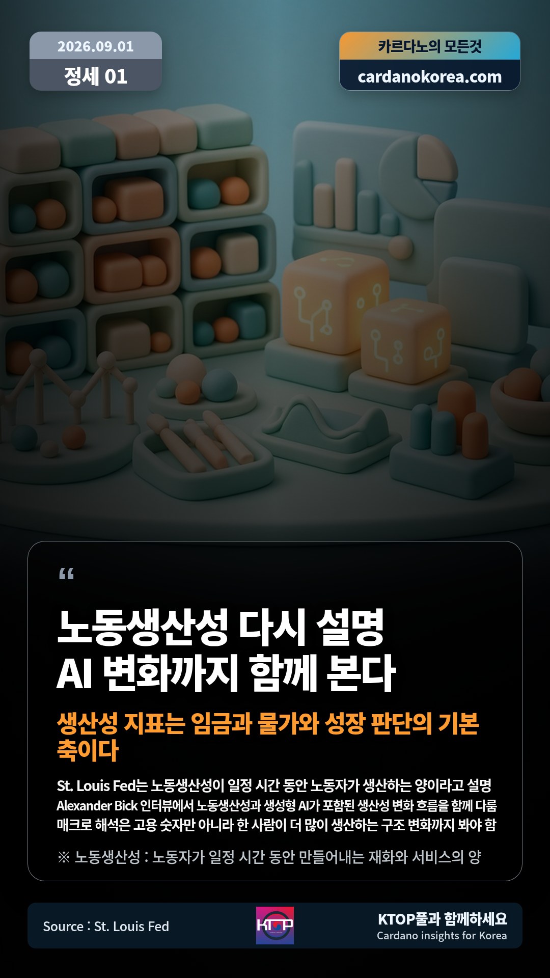 St. Louis Fed는 노동생산성이 일정 시간 동안 노동자가 생산하는 양이라고 설명 — Alexander Bick 인터뷰에서 노동생산성과 생성형 AI가 포함된 생산성 변화 흐름을 함께 다룸