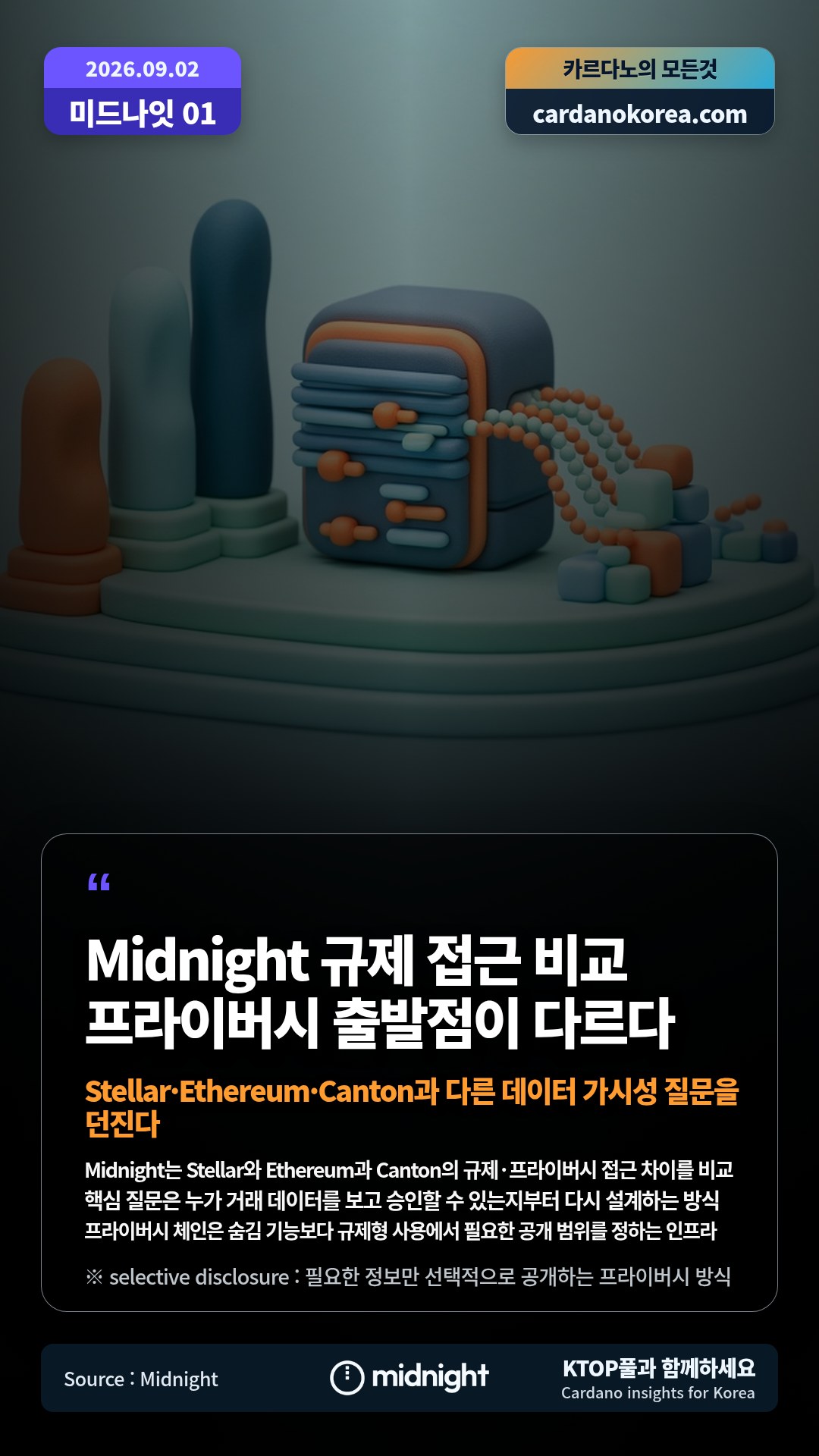 Midnight는 Stellar와 Ethereum과 Canton의 규제·프라이버시 접근 차이를 비교 — 핵심 질문은 누가 거래 데이터를 보고 승인할 수 있는지부터 다시 설계하는 방식