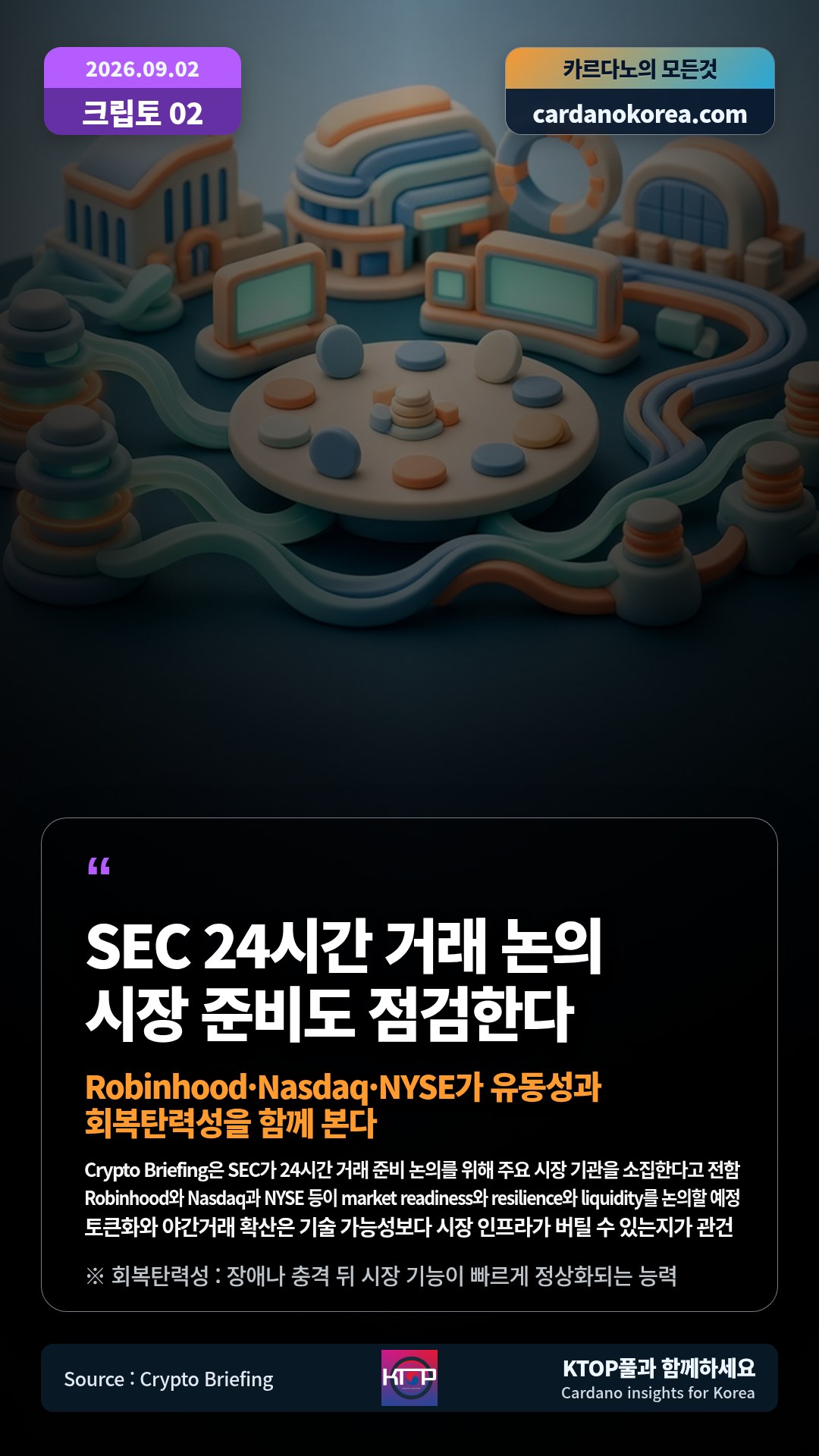 Crypto Briefing은 SEC가 24시간 거래 준비 논의를 위해 주요 시장 기관을 소집한다고 전함 — Robinhood와 Nasdaq과 NYSE 등이 market readiness와 resilience와 liquidity를 논의할 예정