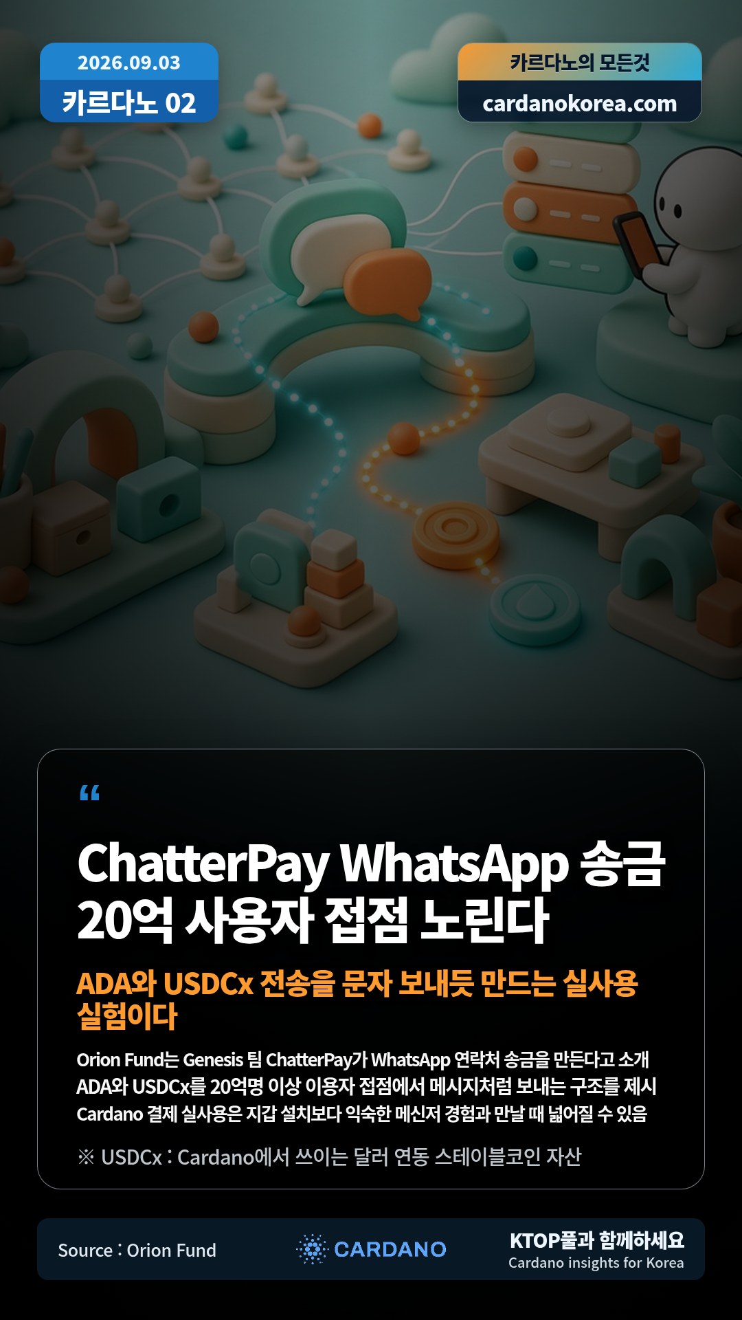 Orion Fund는 Genesis 팀 ChatterPay가 WhatsApp 연락처 송금을 만든다고 소개 — ADA와 USDCx를 20억명 이상 이용자 접점에서 메시지처럼 보내는 구조를 제시
