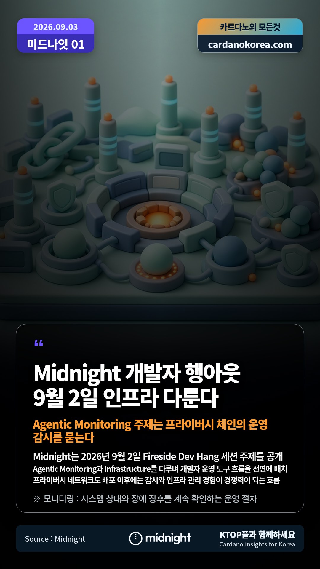 Midnight는 2026년 9월 2일 Fireside Dev Hang 세션 주제를 공개 — Agentic Monitoring과 Infrastructure를 다루며 개발자 운영 도구 흐름을 전면에 배치
