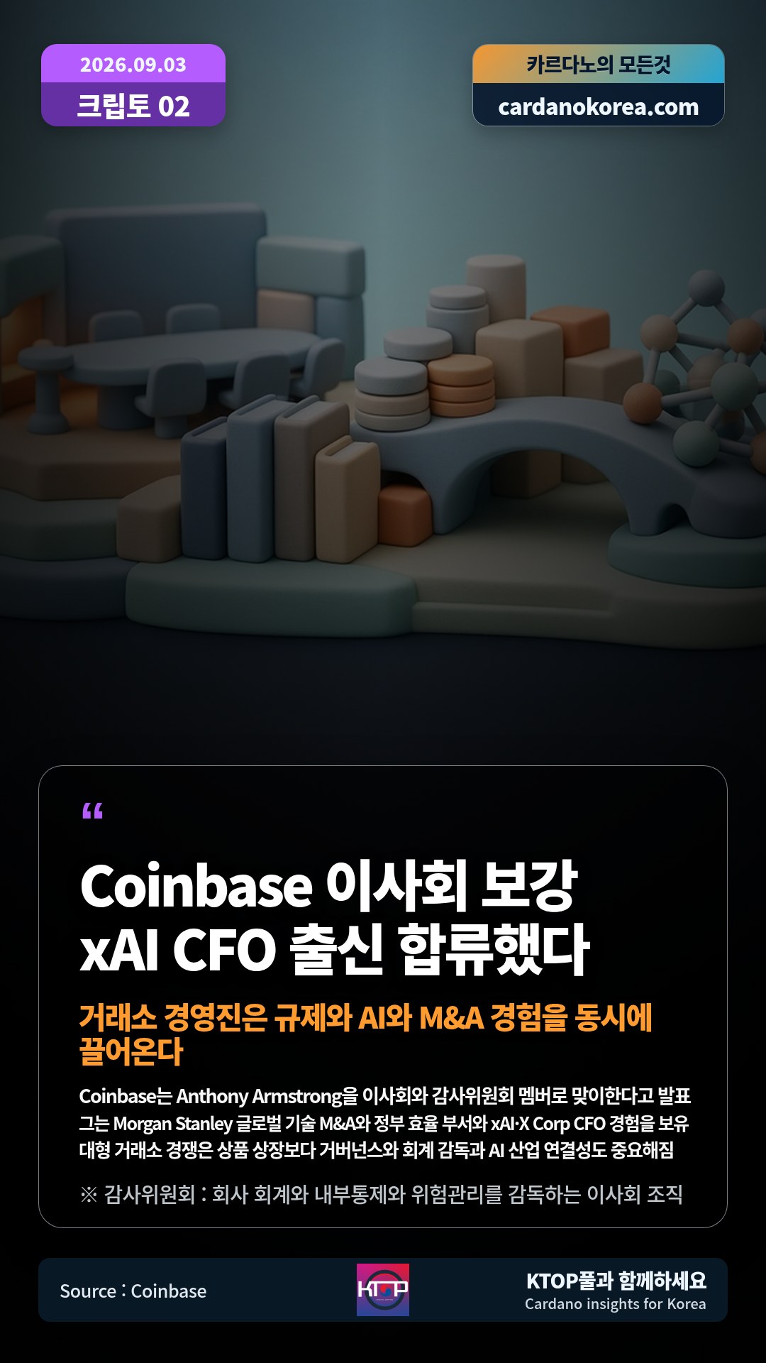 Coinbase는 Anthony Armstrong을 이사회와 감사위원회 멤버로 맞이한다고 발표 — 그는 Morgan Stanley 글로벌 기술 M&A와 정부 효율 부서와 xAI·X Corp CFO 경험을 보유