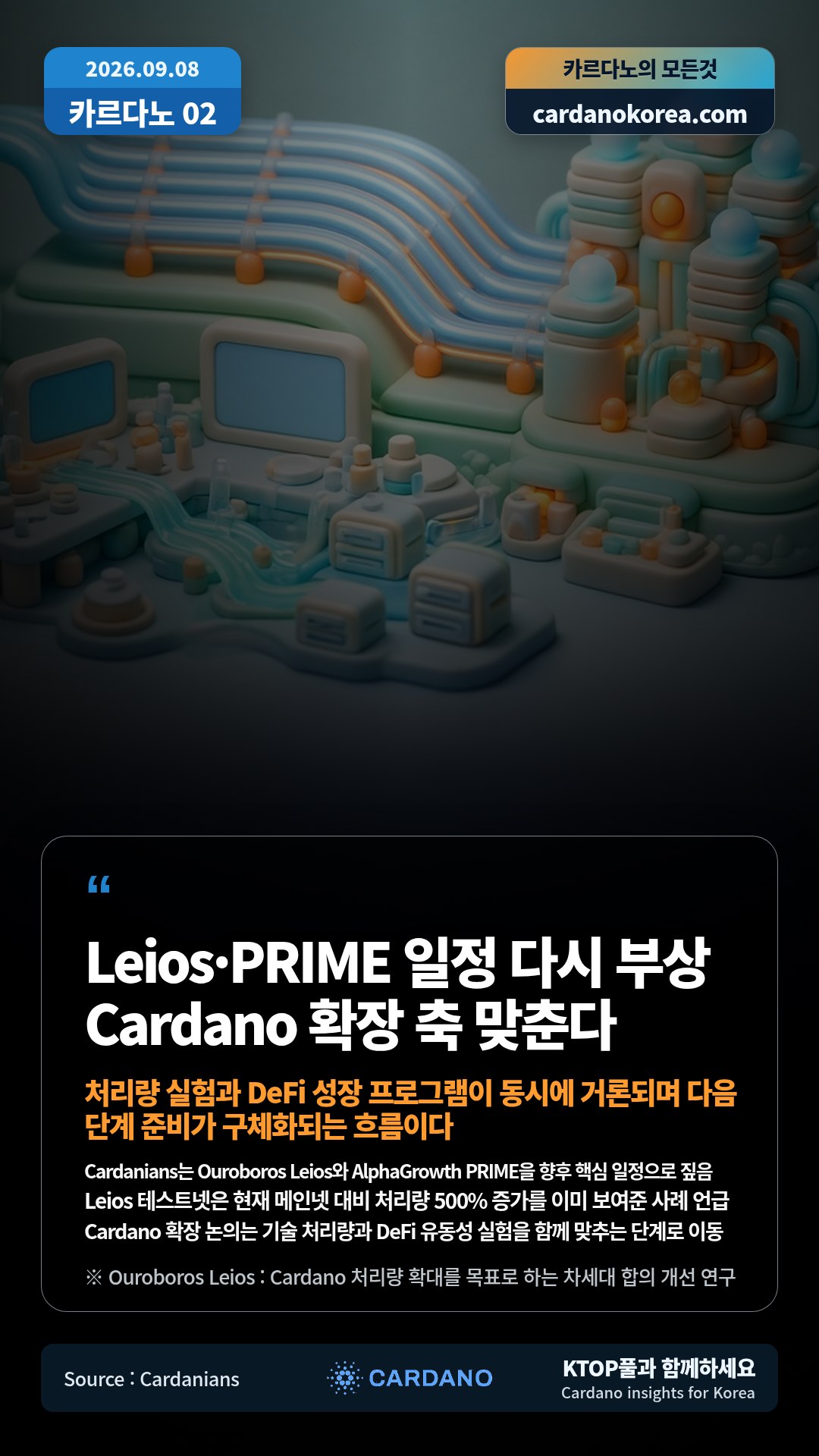 Cardanians는 Ouroboros Leios와 AlphaGrowth PRIME을 향후 핵심 일정으로 짚음 — Leios 테스트넷은 현재 메인넷 대비 처리량 500% 증가를 이미 보여준 사례 언급