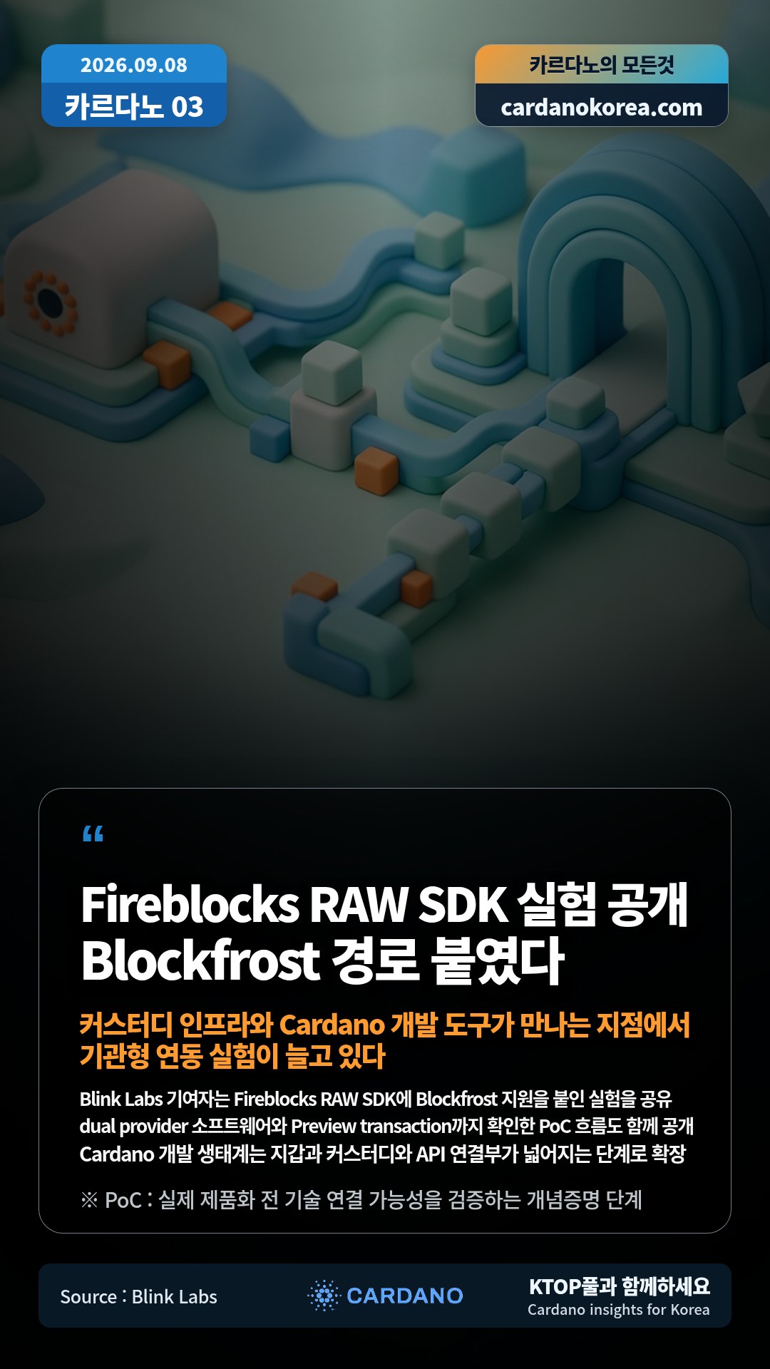 Blink Labs 기여자는 Fireblocks RAW SDK에 Blockfrost 지원을 붙인 실험을 공유 — dual provider 소프트웨어와 Preview transaction까지 확인한 PoC 흐름도 함께 공개