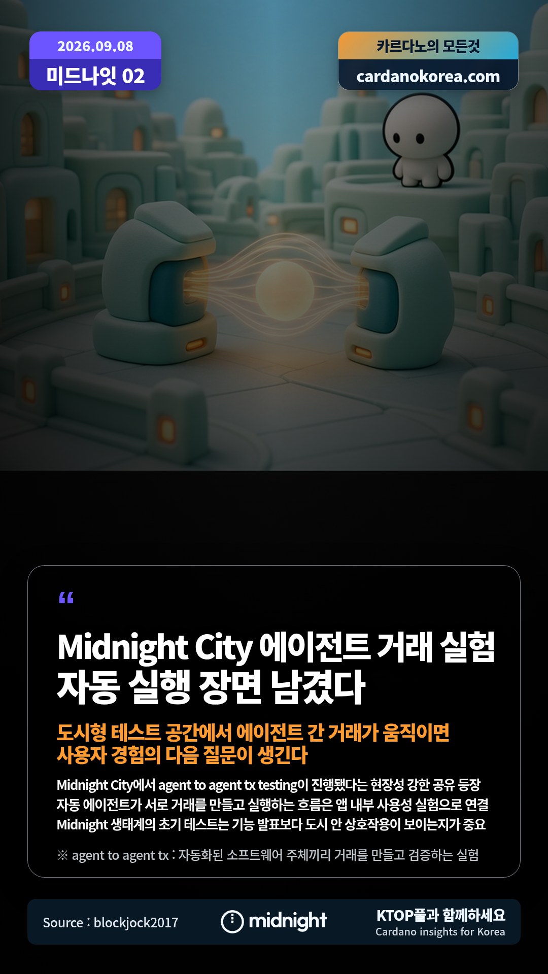 Midnight City에서 agent to agent tx testing이 진행됐다는 현장성 강한 공유 등장 — 자동 에이전트가 서로 거래를 만들고 실행하는 흐름은 앱 내부 사용성 실험으로 연결