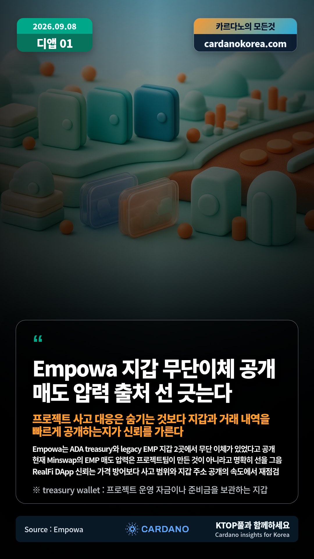 Empowa는 ADA treasury와 legacy EMP 지갑 2곳에서 무단 이체가 있었다고 공개 — 현재 Minswap의 EMP 매도 압력은 프로젝트팀이 만든 것이 아니라고 명확히 선을 그음