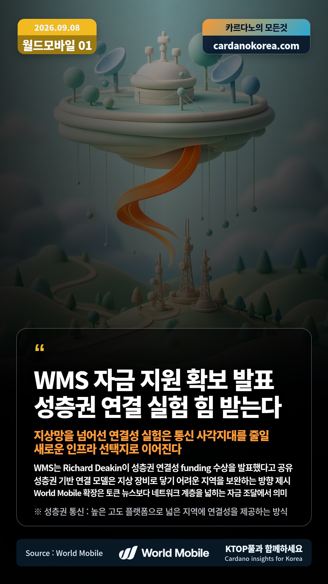 WMS는 Richard Deakin이 성층권 연결성 funding 수상을 발표했다고 공유 — 성층권 기반 연결 모델은 지상 장비로 닿기 어려운 지역을 보완하는 방향 제시