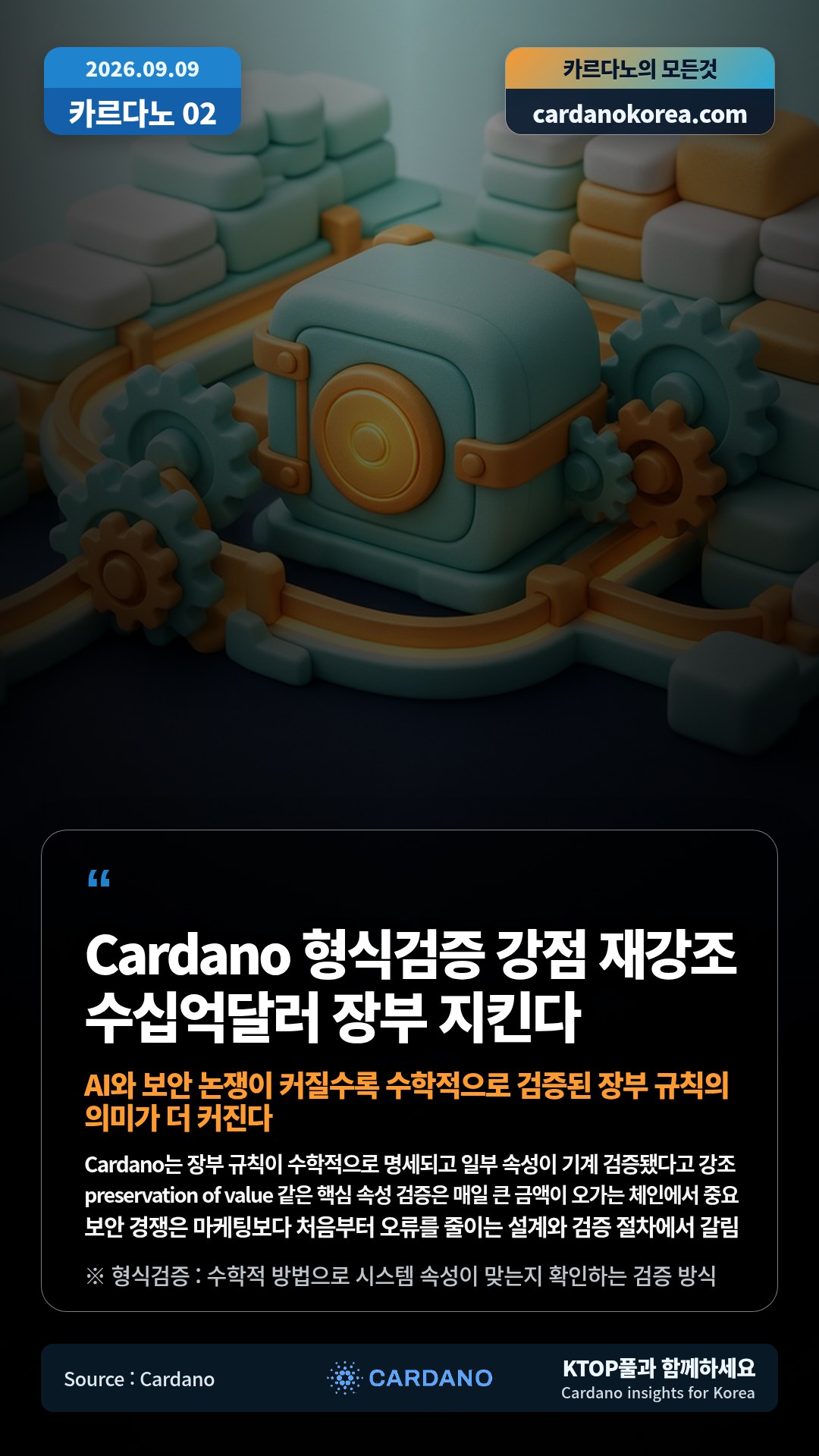 Cardano는 장부 규칙이 수학적으로 명세되고 일부 속성이 기계 검증됐다고 강조 — preservation of value 같은 핵심 속성 검증은 매일 큰 금액이 오가는 체인에서 중요