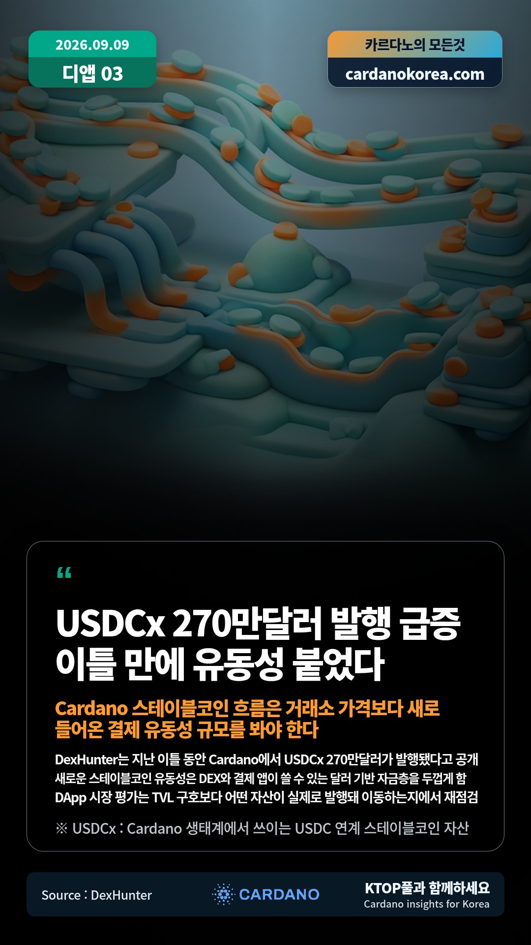 DexHunter는 지난 이틀 동안 Cardano에서 USDCx 270만달러가 발행됐다고 공개 — 새로운 스테이블코인 유동성은 DEX와 결제 앱이 쓸 수 있는 달러 기반 자금층을 두껍게 함