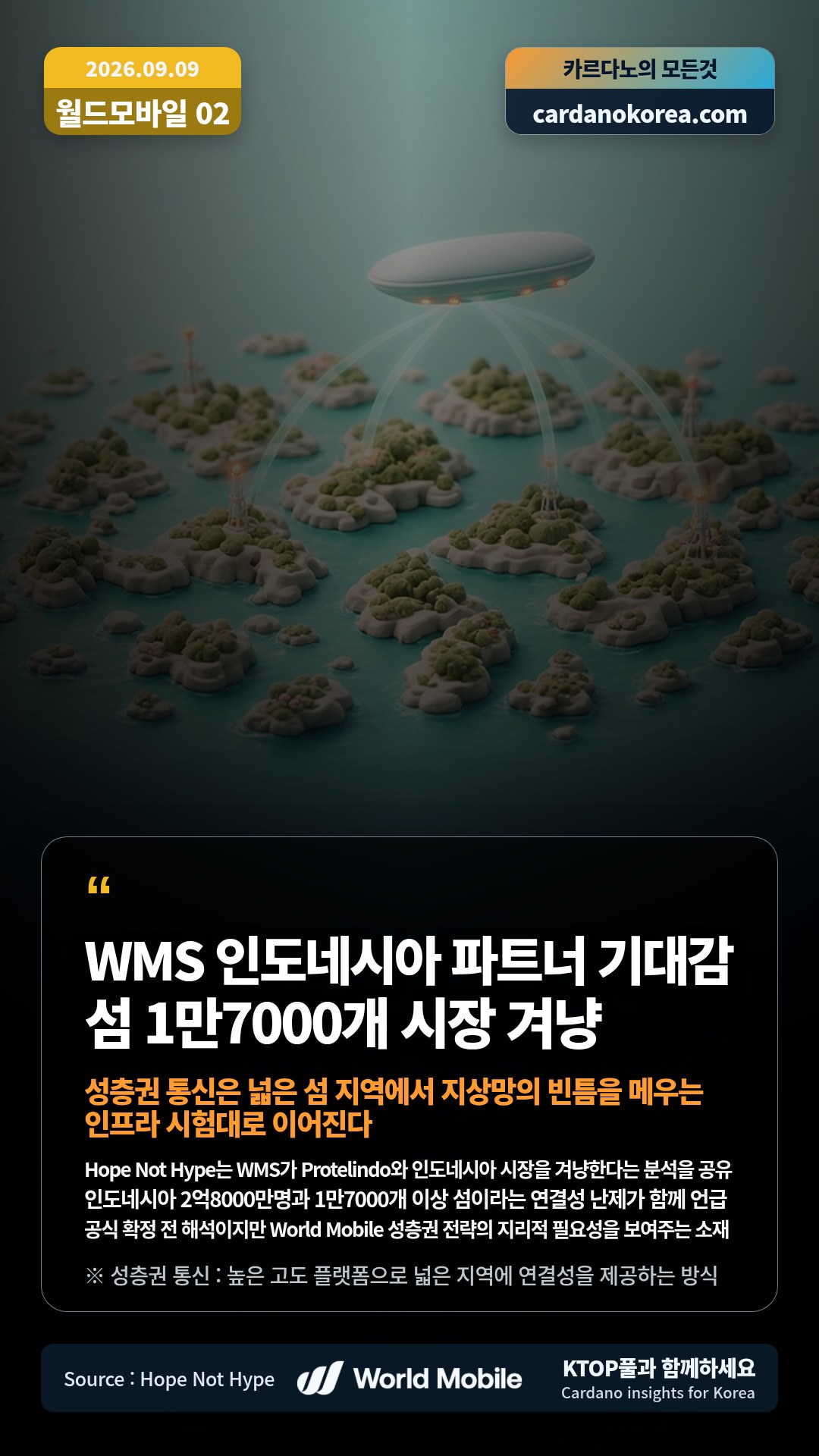 Hope Not Hype는 WMS가 Protelindo와 인도네시아 시장을 겨냥한다는 분석을 공유 — 인도네시아 2억8000만명과 1만7000개 이상 섬이라는 연결성 난제가 함께 언급