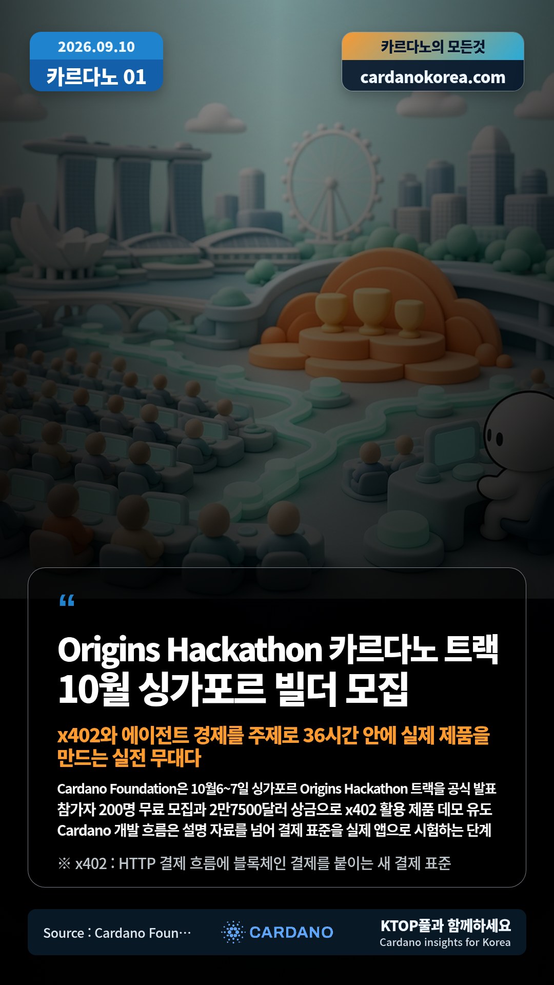 Cardano Foundation은 10월6~7일 싱가포르 Origins Hackathon 트랙을 공식 발표 — 참가자 200명 무료 모집과 2만7500달러 상금으로 x402 활용 제품 데모 유도