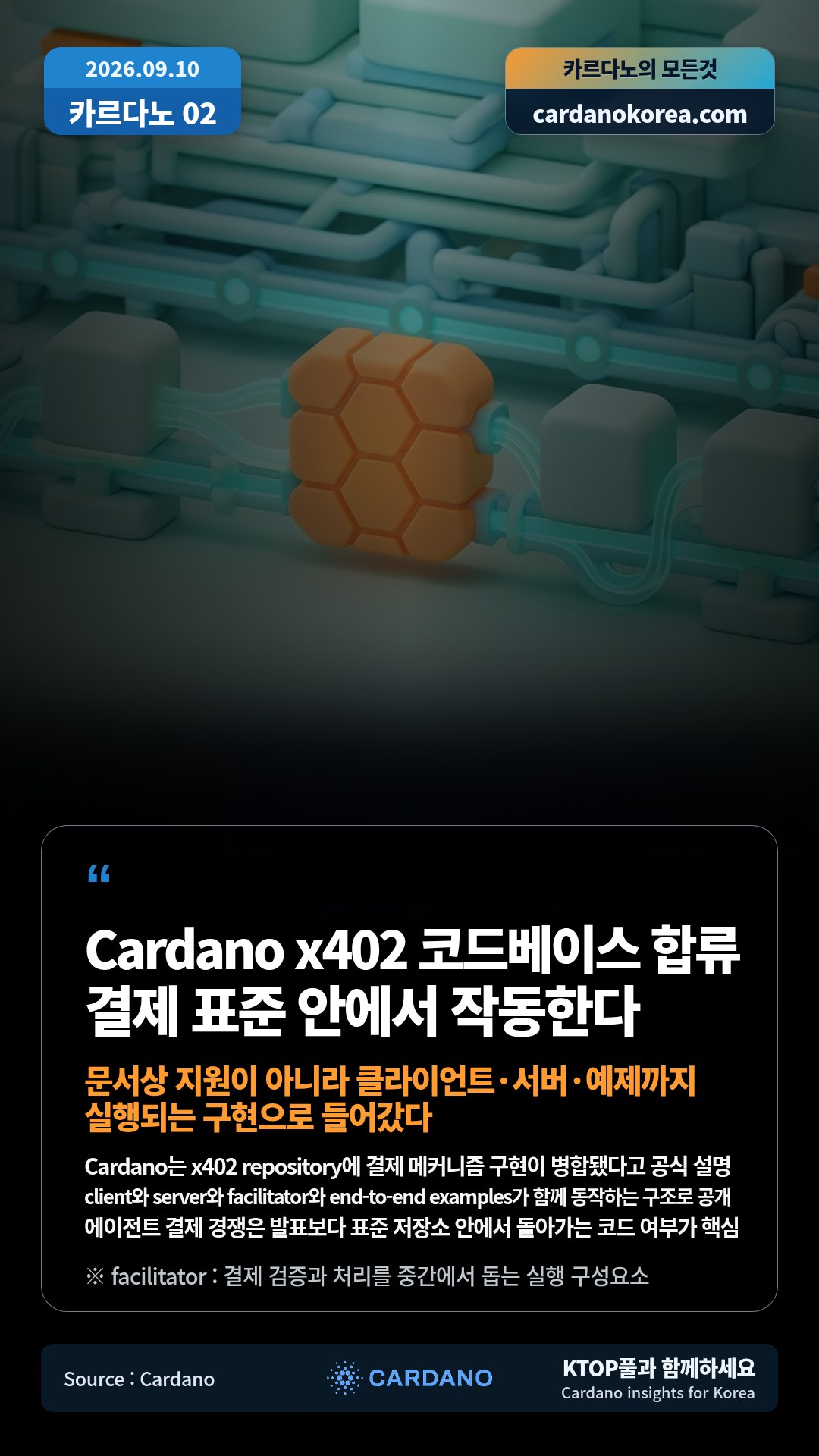 Cardano는 x402 repository에 결제 메커니즘 구현이 병합됐다고 공식 설명 — client와 server와 facilitator와 end-to-end examples가 함께 동작하는 구조로 공개