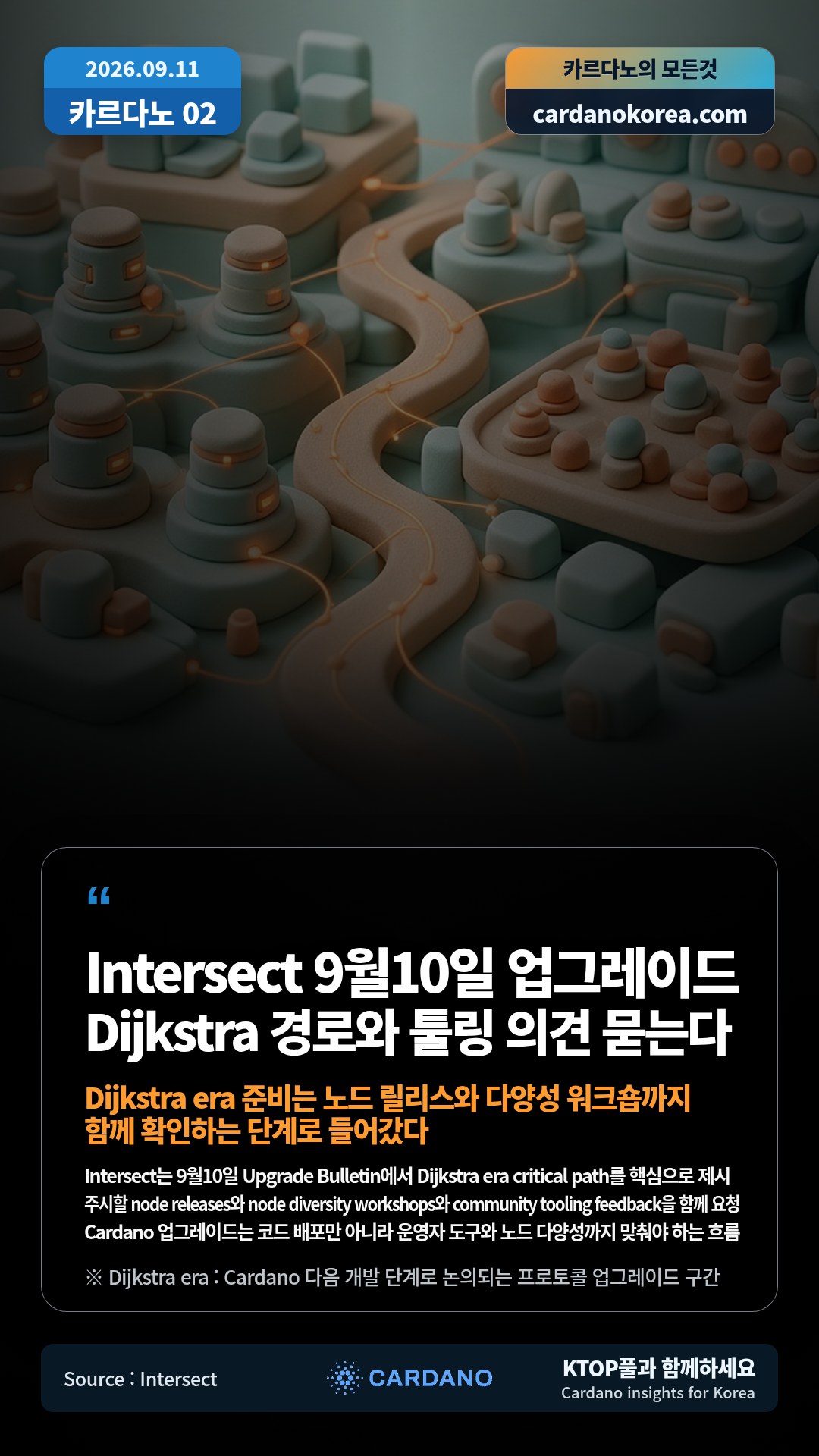 Intersect는 9월10일 Upgrade Bulletin에서 Dijkstra era critical path를 핵심으로 제시 — 주시할 node releases와 node diversity workshops와 community tooling feedback을 함께 요청