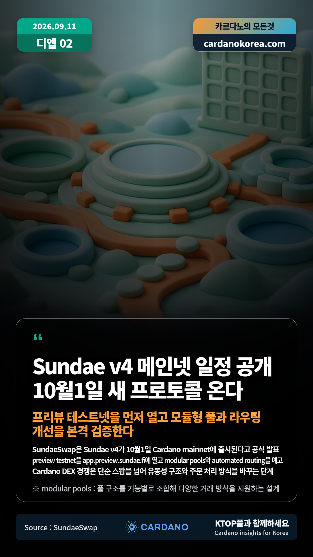 SundaeSwap은 Sundae v4가 10월1일 Cardano mainnet에 출시된다고 공식 발표 — preview testnet을 app.preview.sundae.fi에 열고 modular pools와 automated routing을 예고