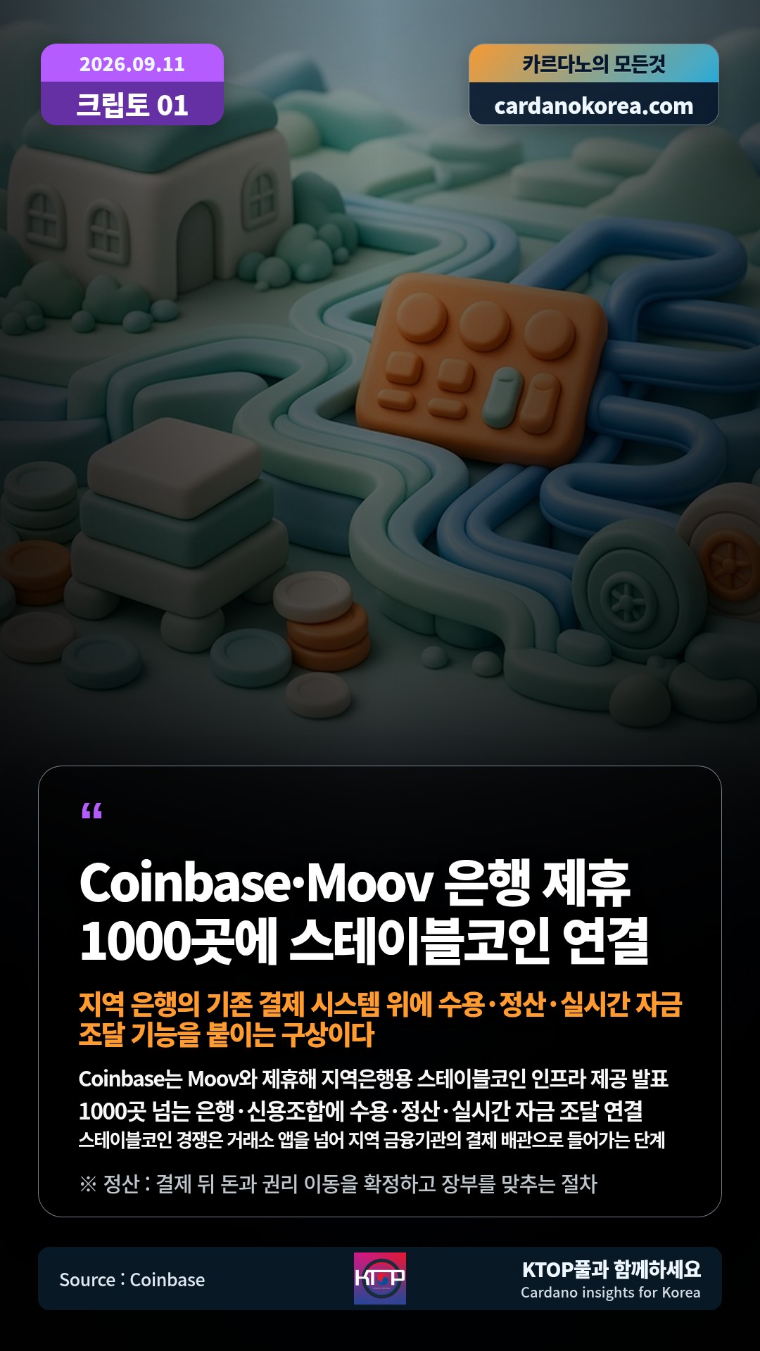 Coinbase는 Moov와 제휴해 지역은행용 스테이블코인 인프라 제공 발표 — 1000곳 넘는 은행·신용조합에 수용·정산·실시간 자금 조달 연결