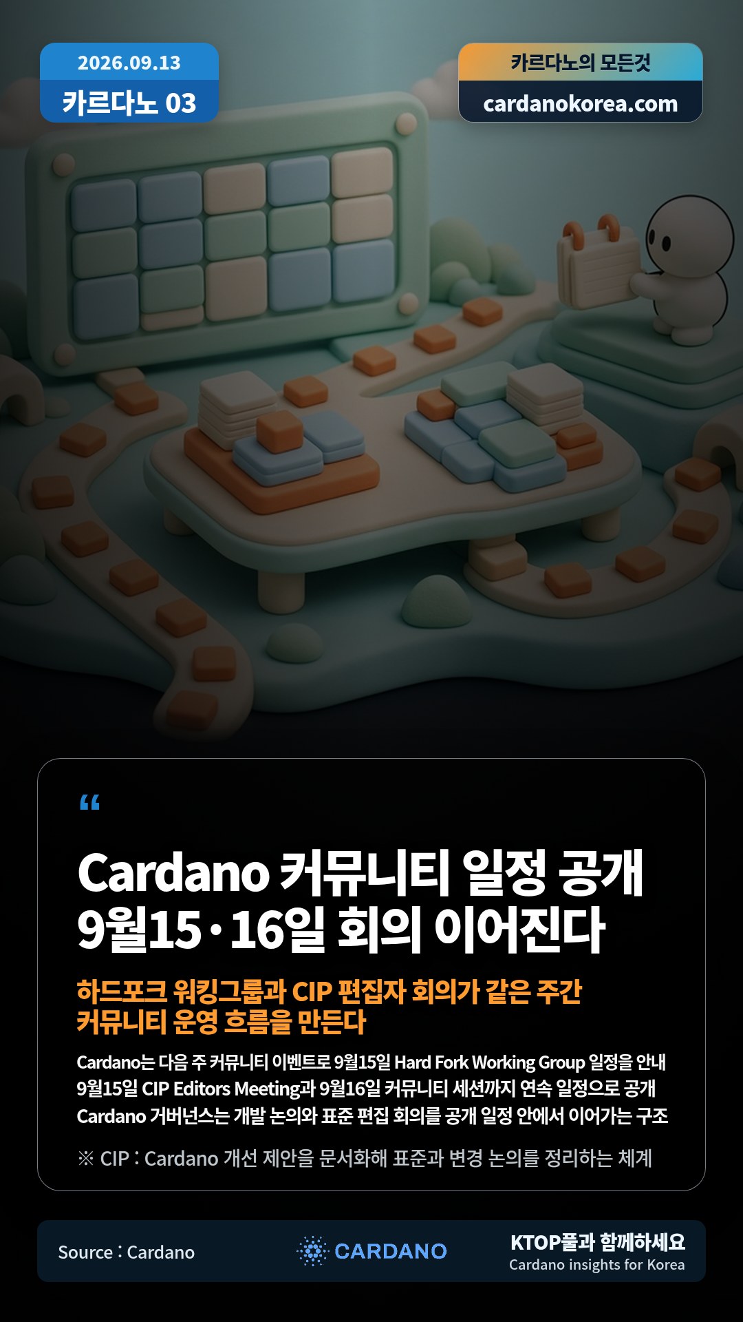 Cardano는 다음 주 커뮤니티 이벤트로 9월15일 Hard Fork Working Group 일정을 안내 — 9월15일 CIP Editors Meeting과 9월16일 커뮤니티 세션까지 연속 일정으로 공개