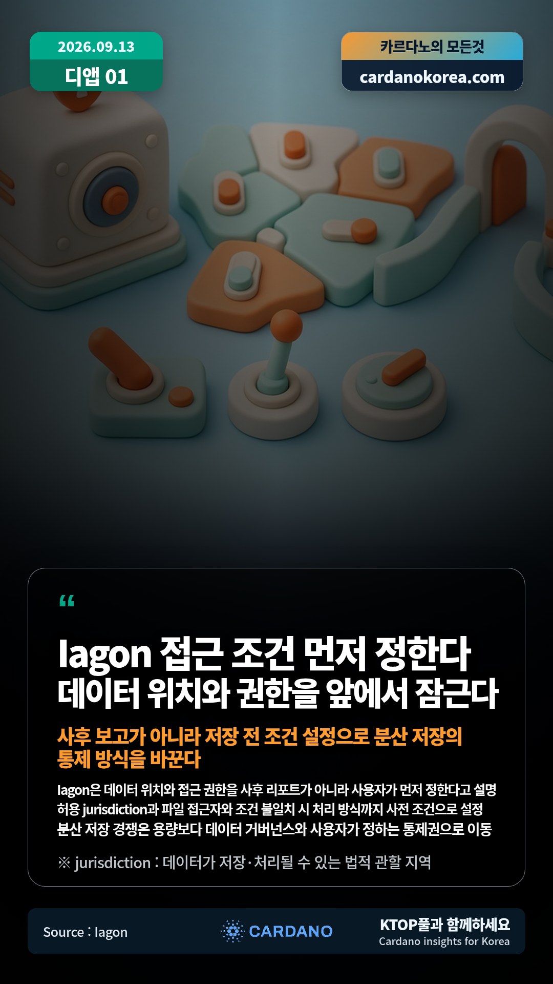 Iagon은 데이터 위치와 접근 권한을 사후 리포트가 아니라 사용자가 먼저 정한다고 설명 — 허용 jurisdiction과 파일 접근자와 조건 불일치 시 처리 방식까지 사전 조건으로 설정